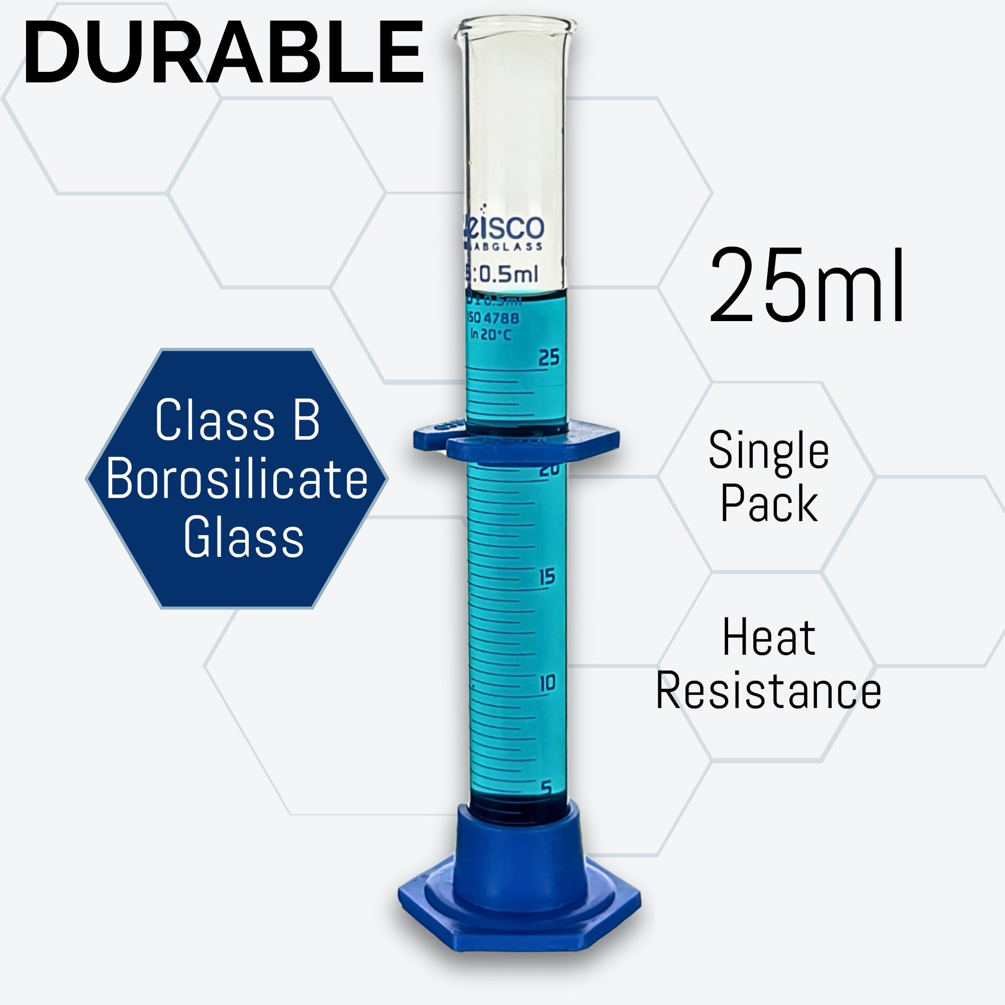 Class B Graduated Cylinder with Spout, Hexagonal Base, and Protective Collar, 25mL, Borosilicate Glass