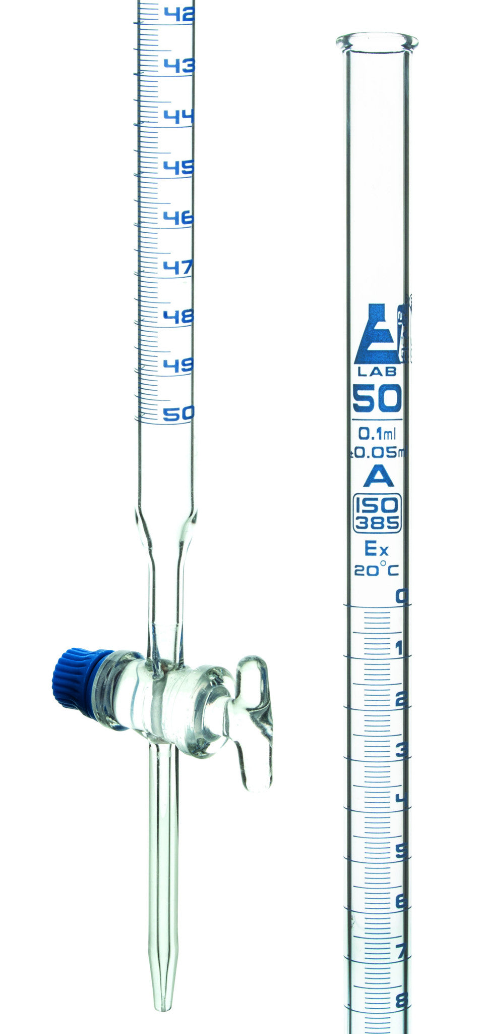 Class A Burette with Glass Key Stopcock, 50mL, White Graduations, Borosilicate Glass