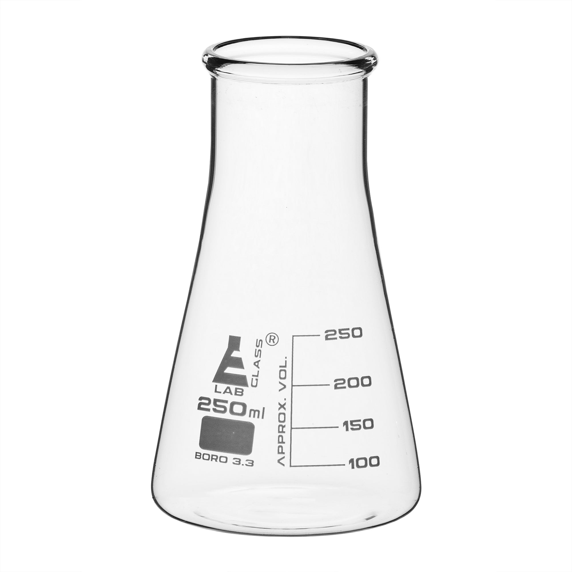Wide Neck Borosilicate Glass Erlenmeyer Flask with White Graduations
