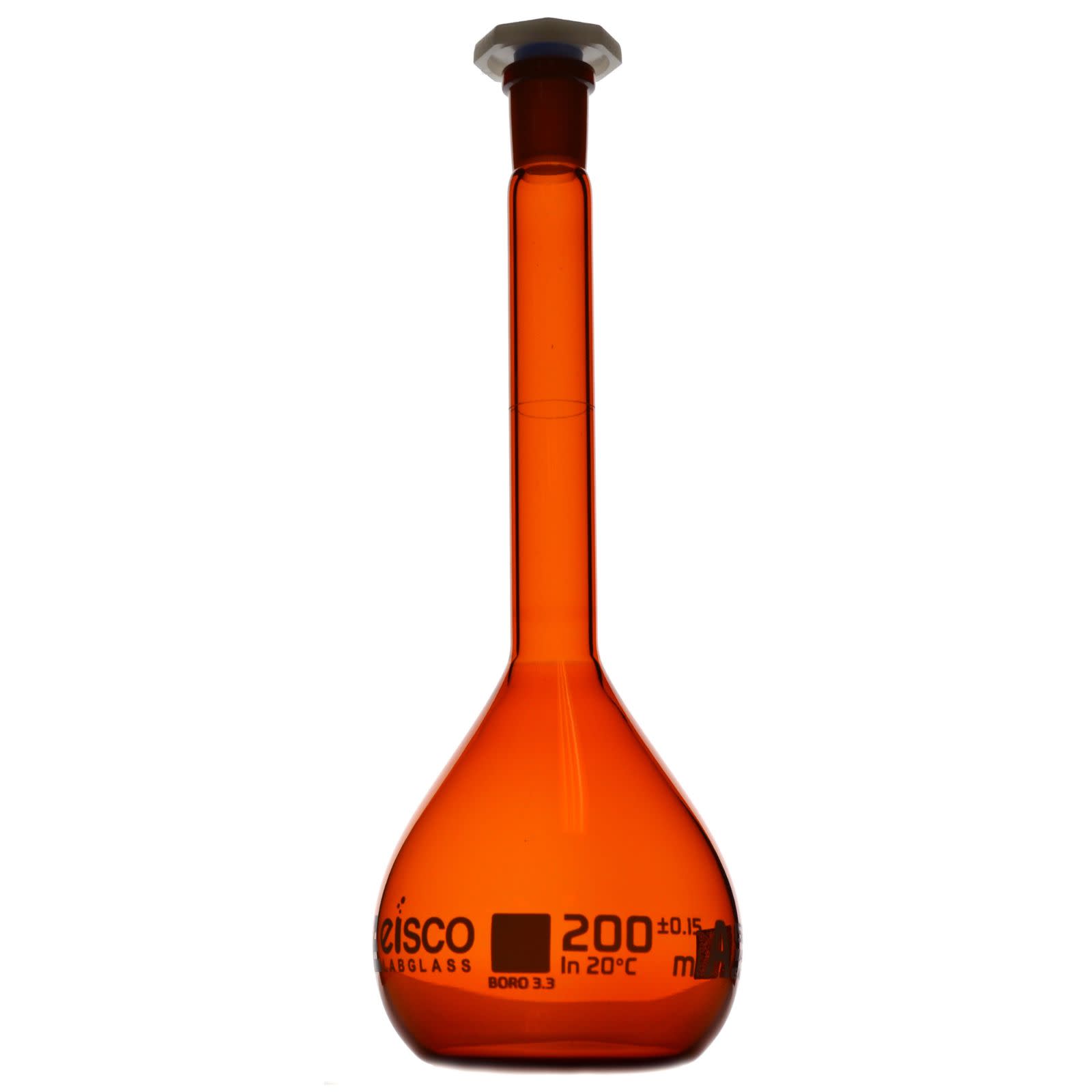 Class A Amber Borosilicate Glass Volumetric Flask with Polyethylene Stopper, QR Certificate