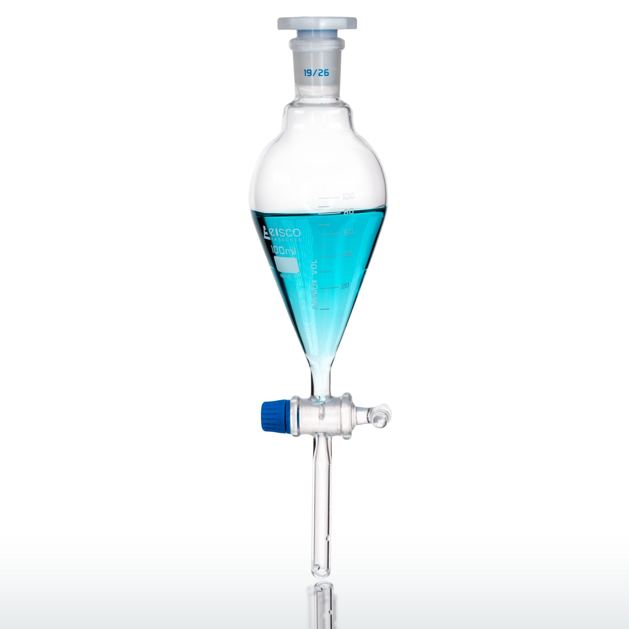Eisco - Separating Funnel, Squibb Type, 100ml, Graduated - 19/26 Plastic Stopper, Glass Key Stopcock, Borosilicate Glass