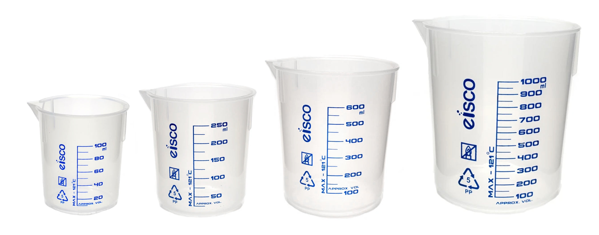 4-Piece Screen-Printed Polypropylene Beaker Set, 100/250/600/1000mL