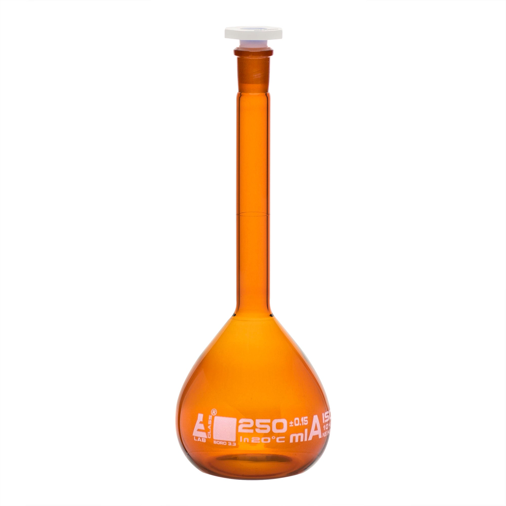 Class A Amber Borosilicate Glass Volumetric Flask with Polypropylene Stopper, White Graduations