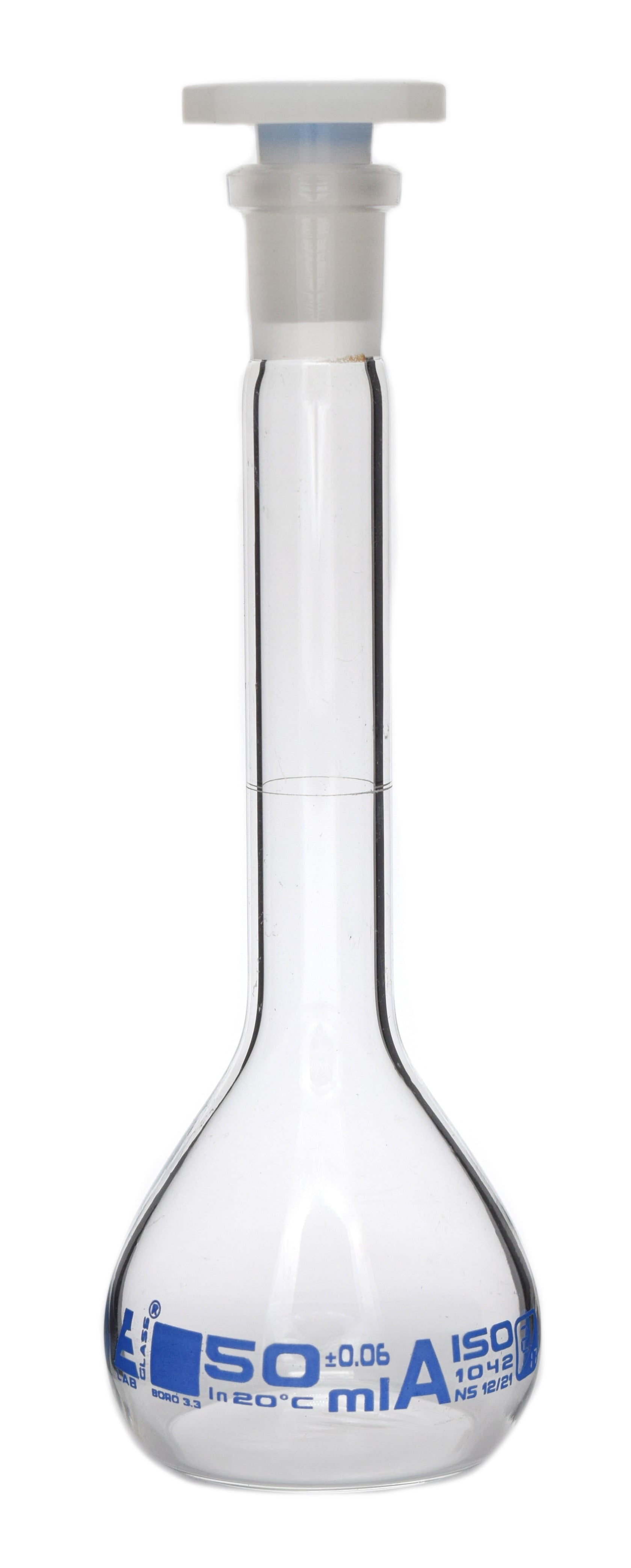 Class A Borosilicate Glass Volumetric Flask with Polyethylene Stopper, Blue Graduations