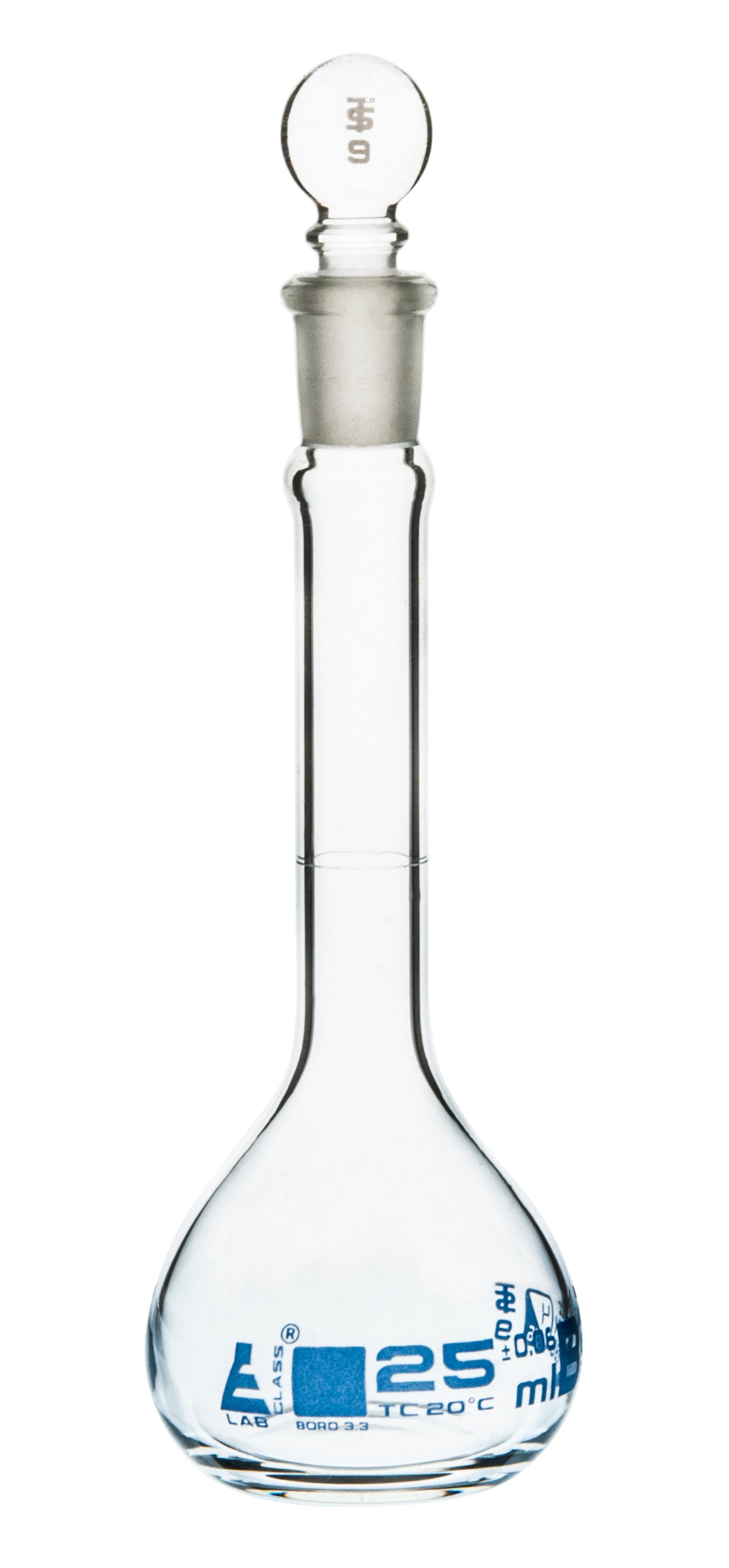 ASTM Class B Borosilicate Glass Volumetric Flask with Glass Stopper, Blue Graduations