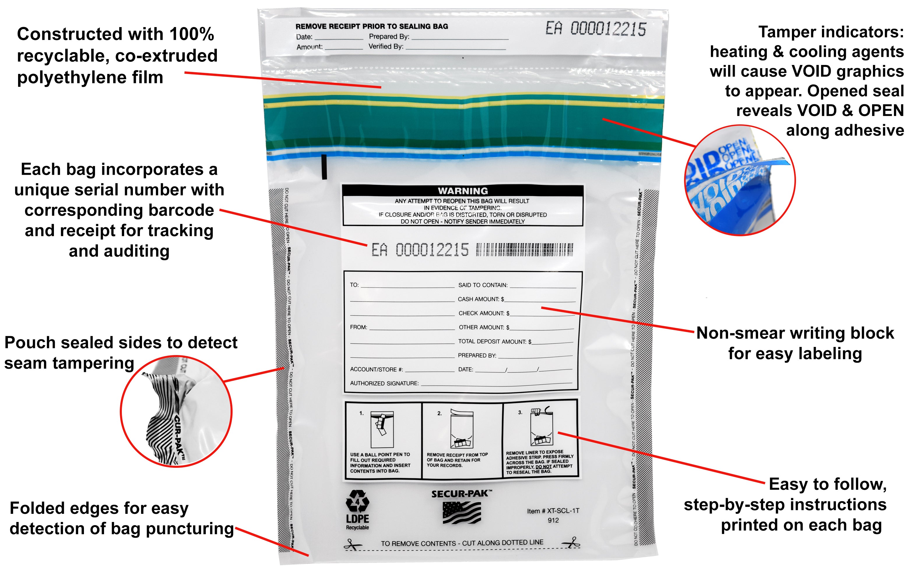 Premium Tamper-Evident Self-Sealing Security Bags with Pocket, 9 x 12", 100-Pack