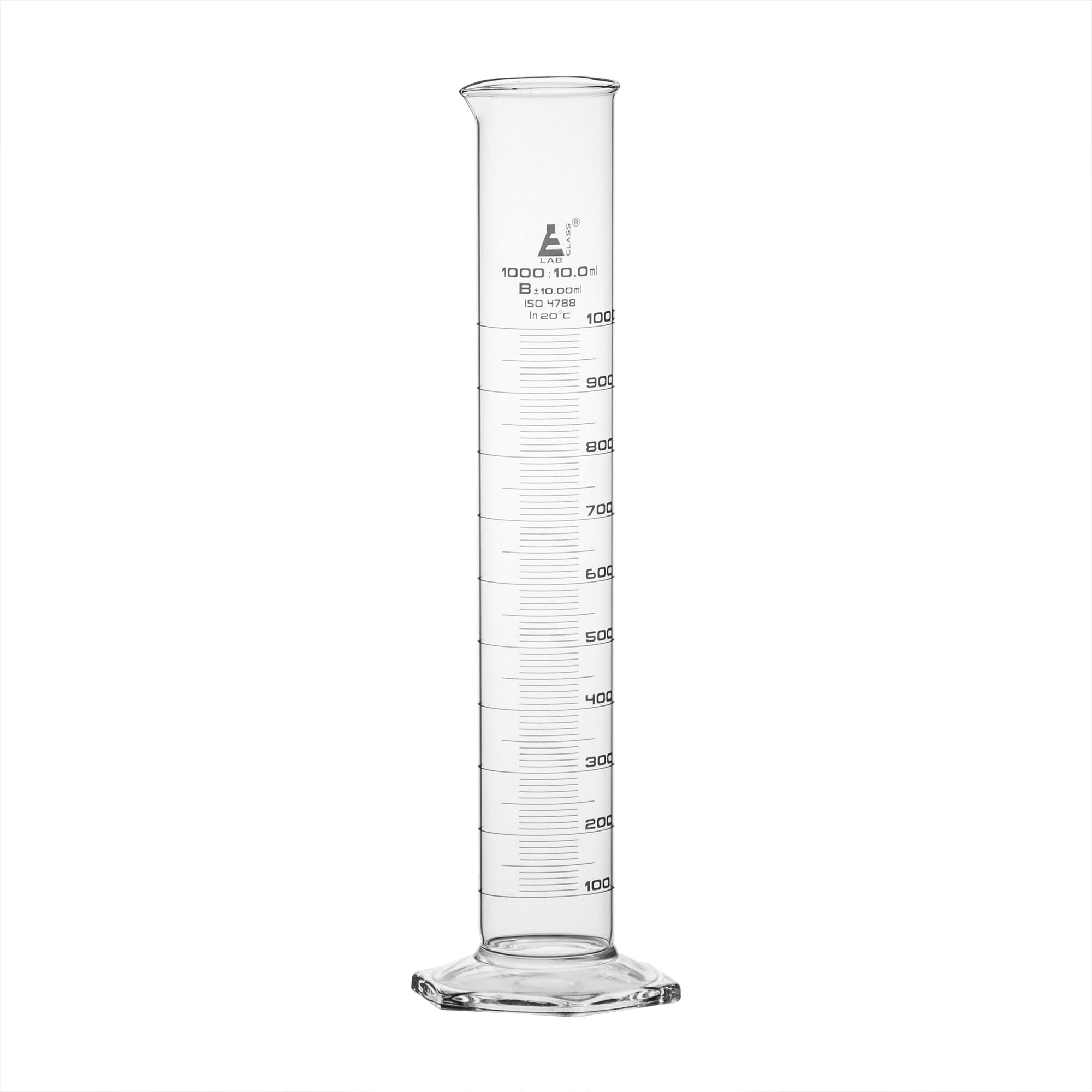 Class B Borosilicate Glass Graduated Cylinder with Hexagonal Base, White Graduations