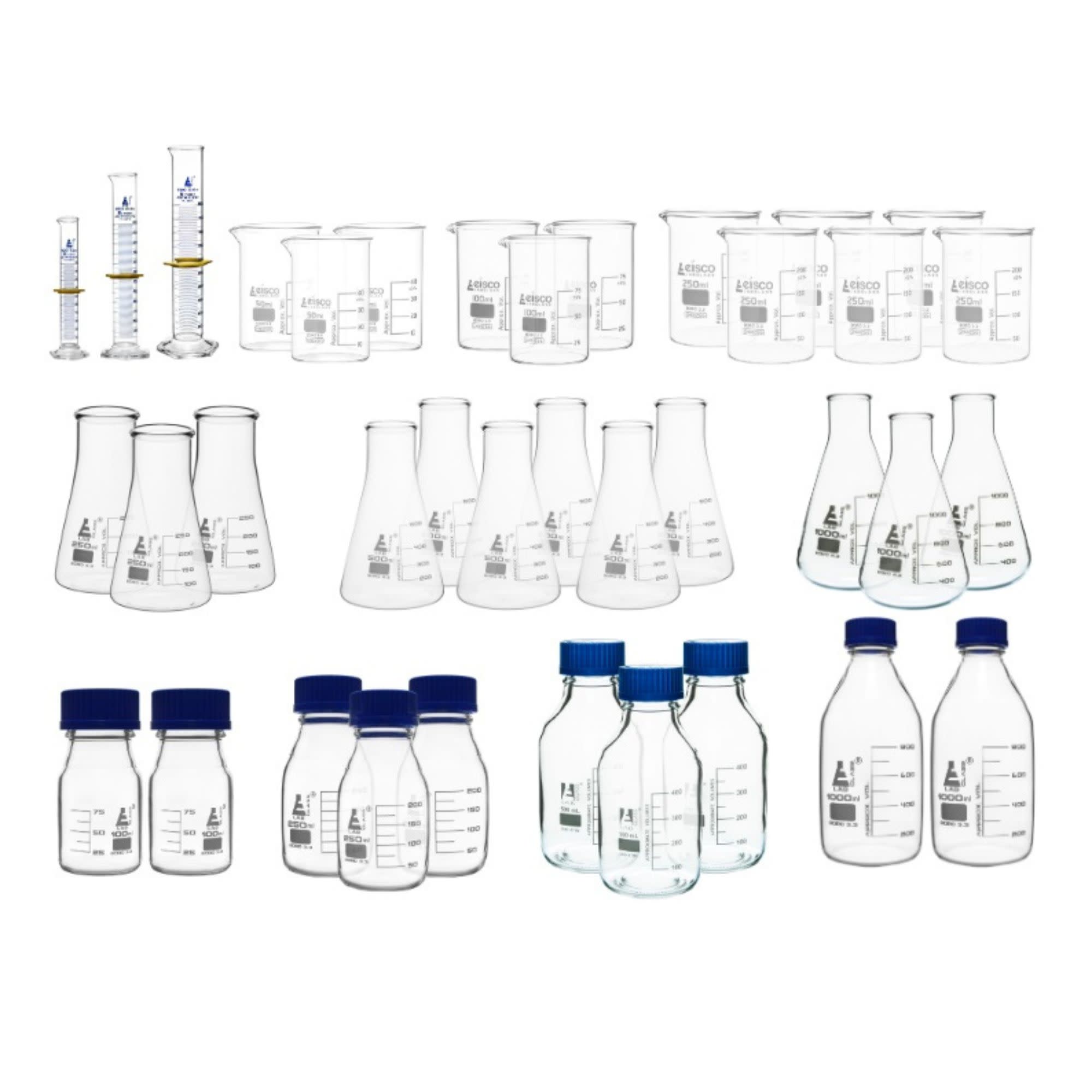 37-Piece Autoclavable Lab Glassware Starter Kit with Beakers, Reagent Bottles, Cylinders and Flasks, Borosilicate Glass