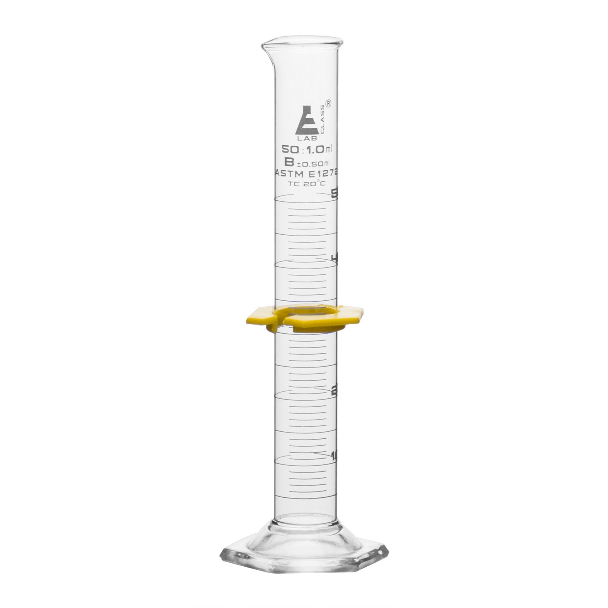 Class B Graduated Cylinder with Spout and Hexagonal Base, 50mL, White Graduations, Borosilicate Glass