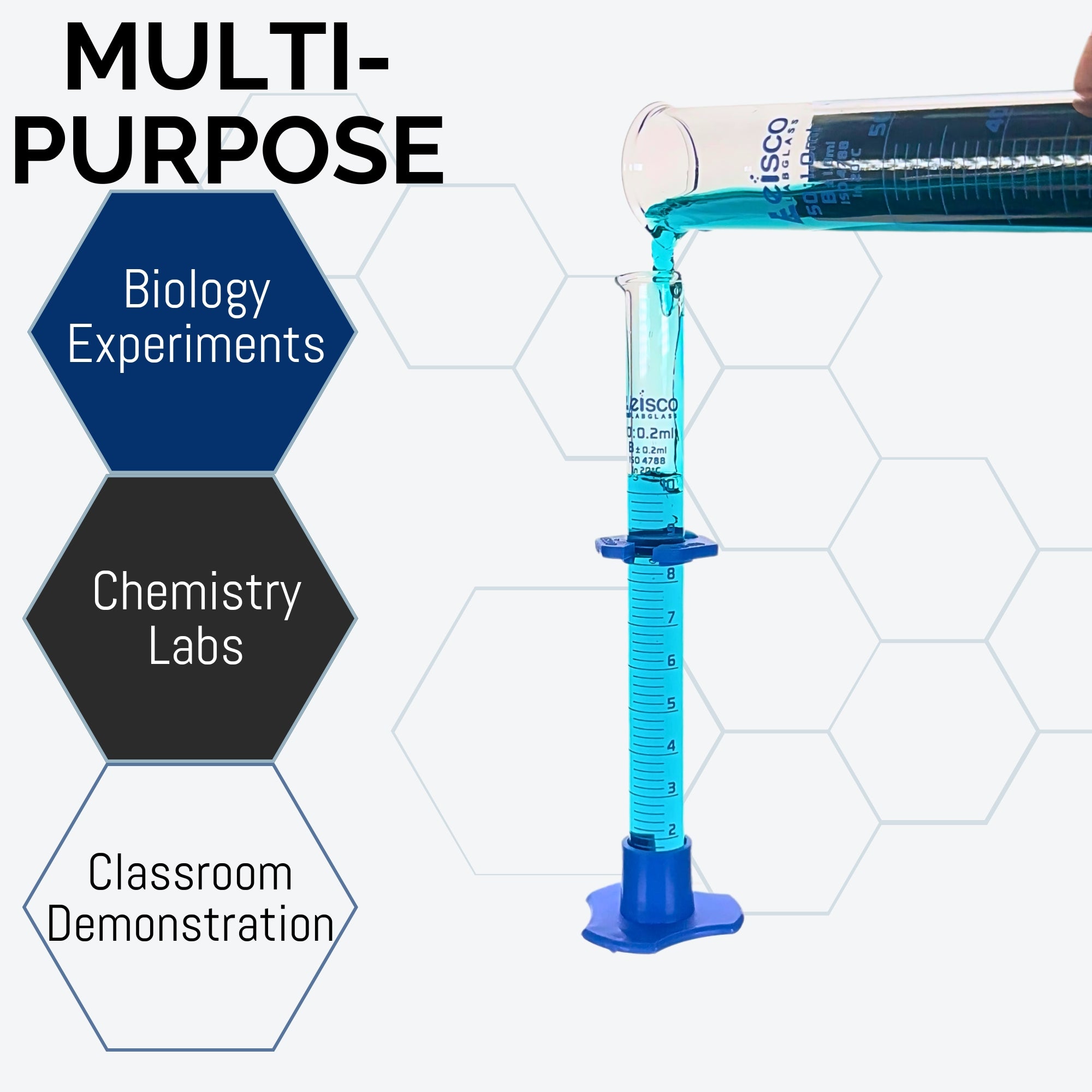 Graduated Cylinder with Hexagonal Base and Plastic Guard, 10mL, 0.2mL Graduations, Borosilicate Glass