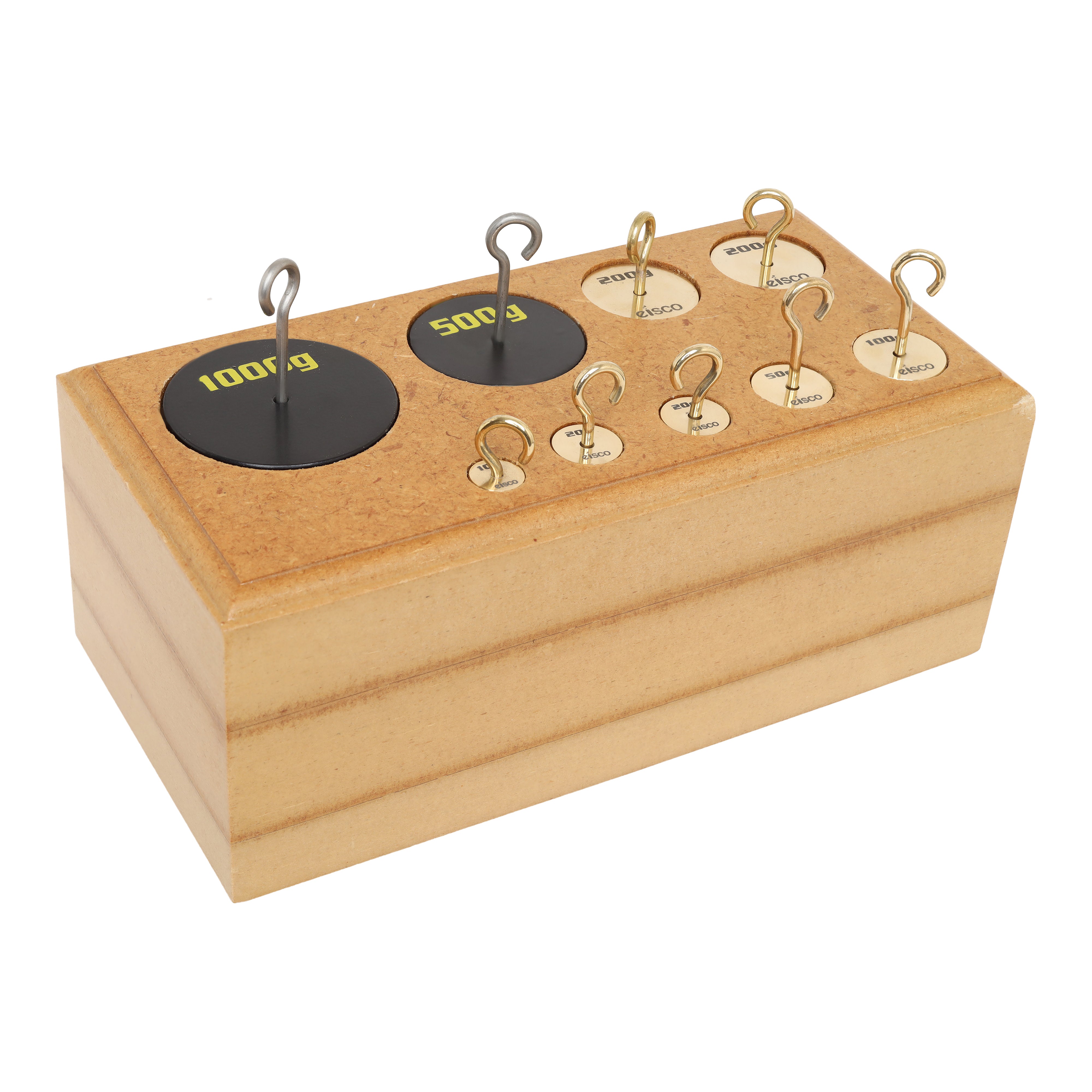 9-Piece Brass Hooked Weight Set, 10-1000g, with Wooden Block