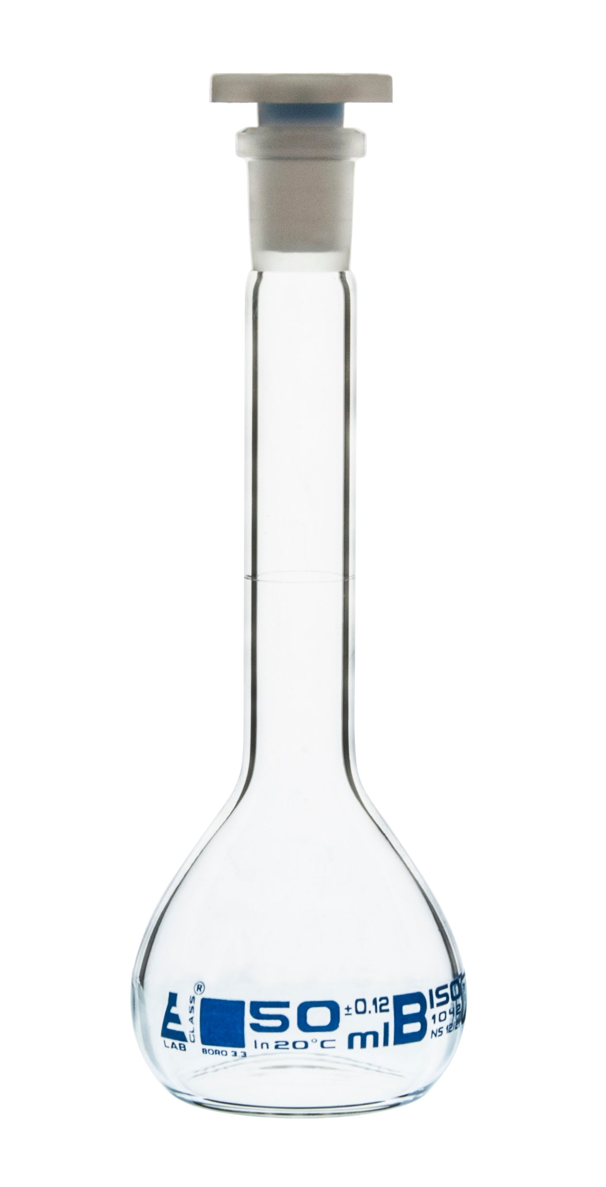Class B Borosilicate Glass Volumetric Flask with Polyethylene Stopper, Blue Graduations