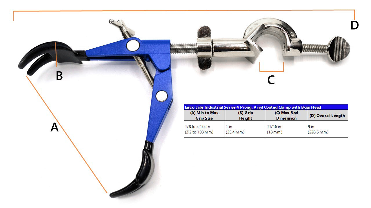 4-Prong Vinyl-Coated Clamp with Swivel Boss Head, 4.1" Max