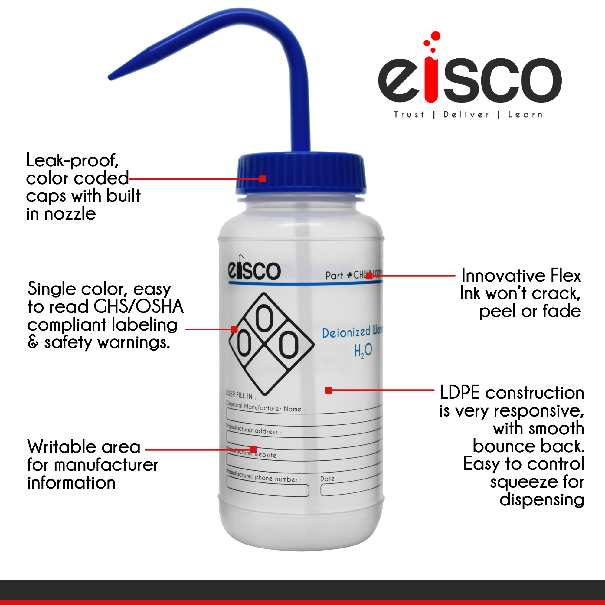 Deionized Water Wash Bottle, LDPE, Wide Mouth, 2-Color Label, 500mL