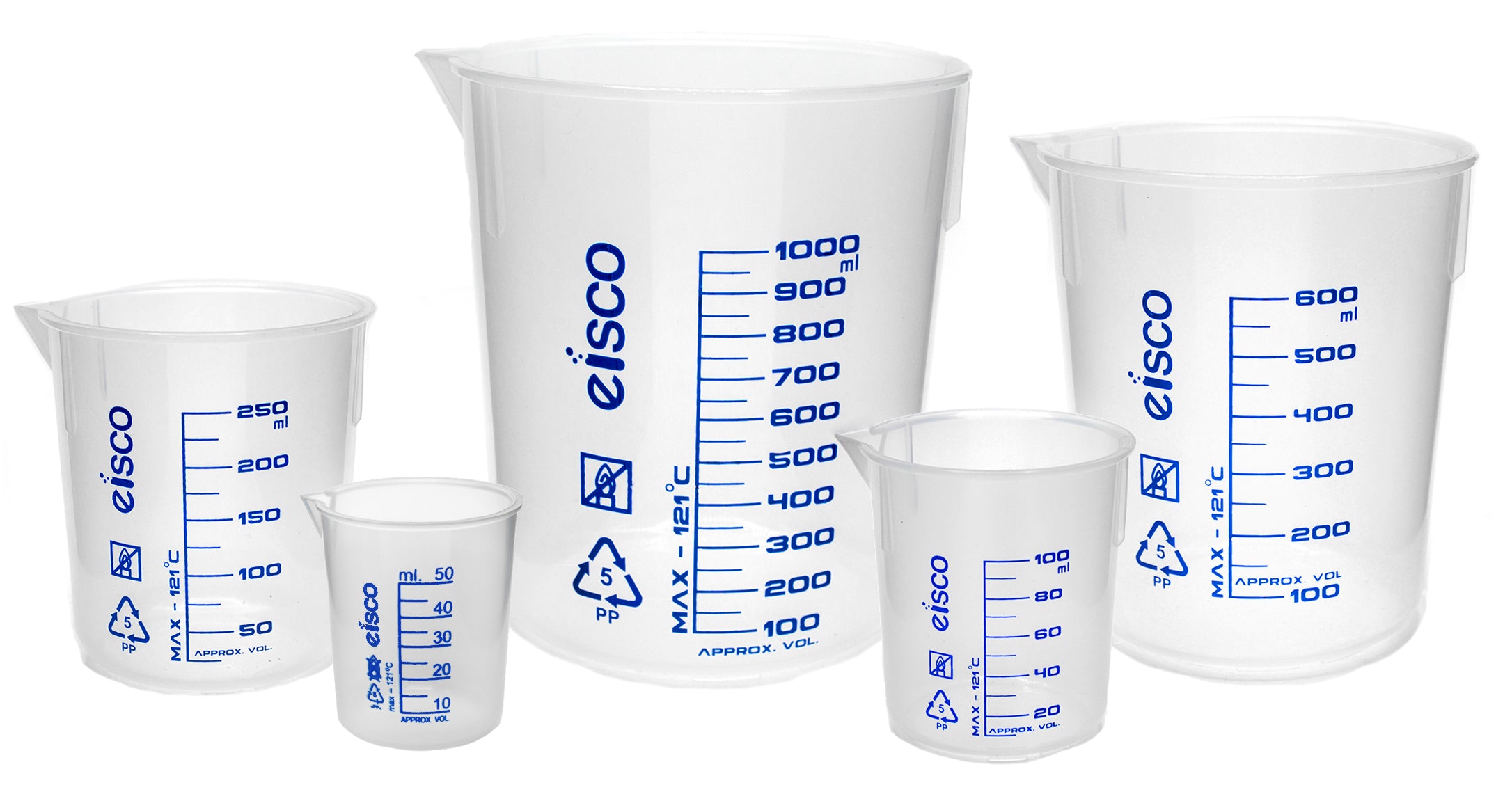 5-Piece Screen-Printed Polypropylene Beaker Set with Spout, 50/100/250/600/1000mL