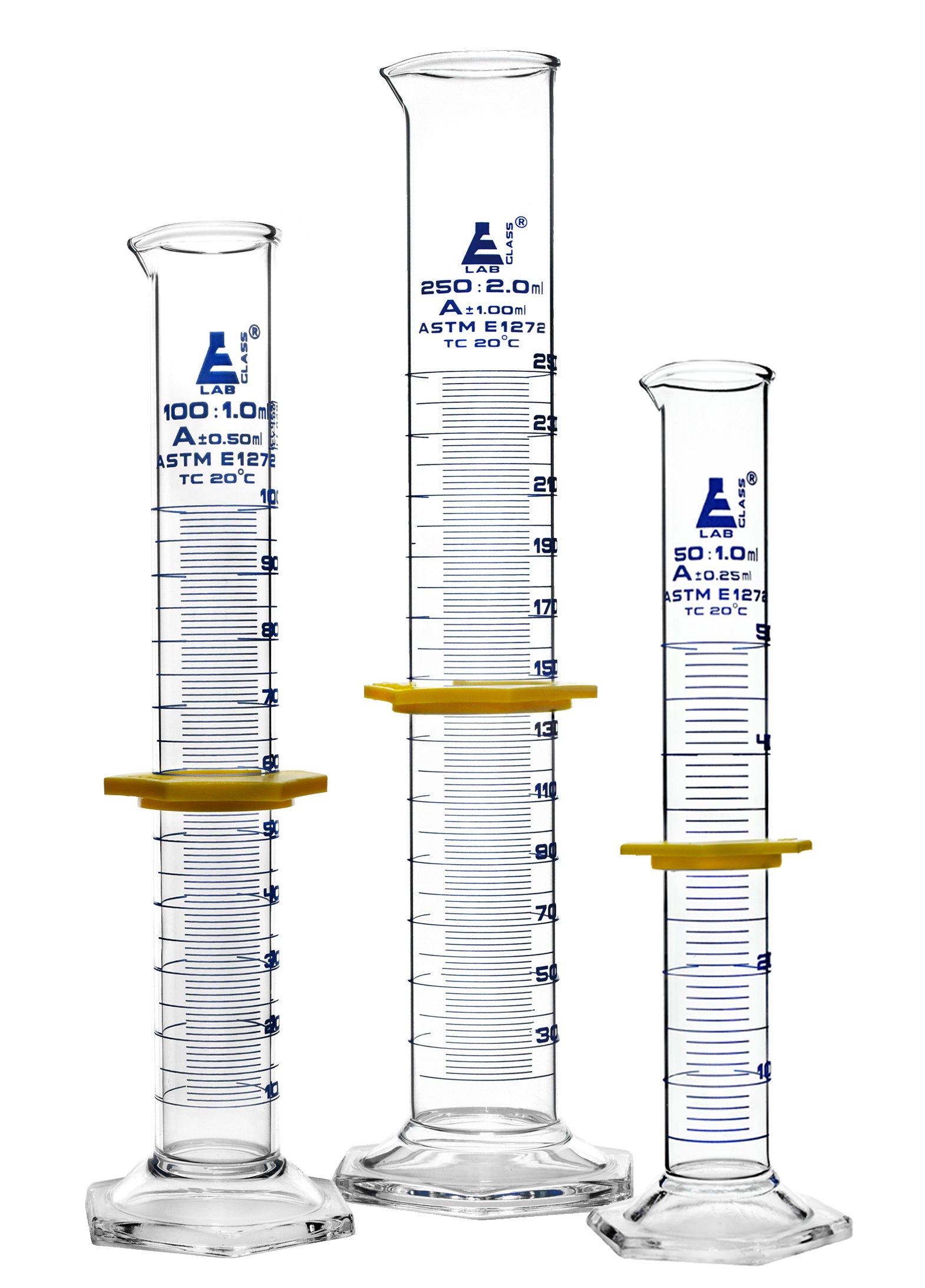 Class A Borosilicate Glass Graduated Cylinder Set, 3-Piece, 50-250mL