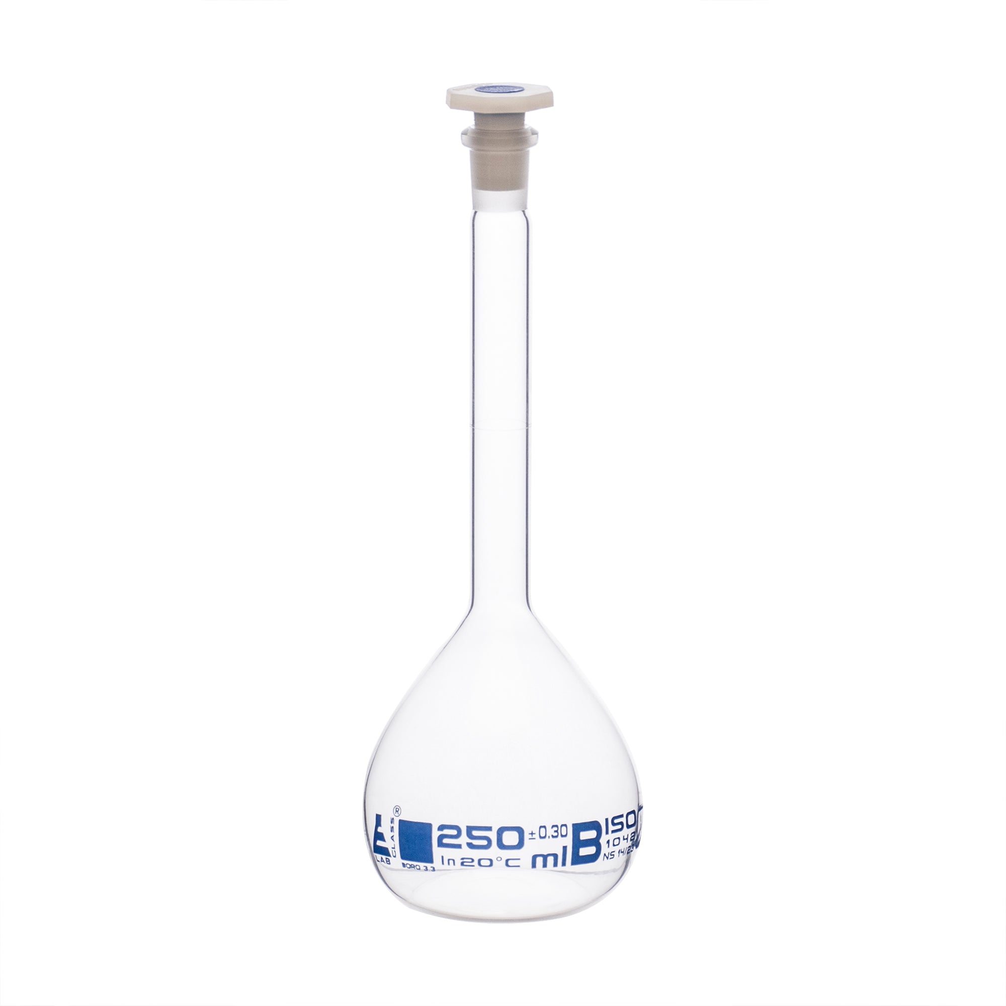 Class B Borosilicate Glass Volumetric Flask with Polyethylene Stopper, Blue Graduations