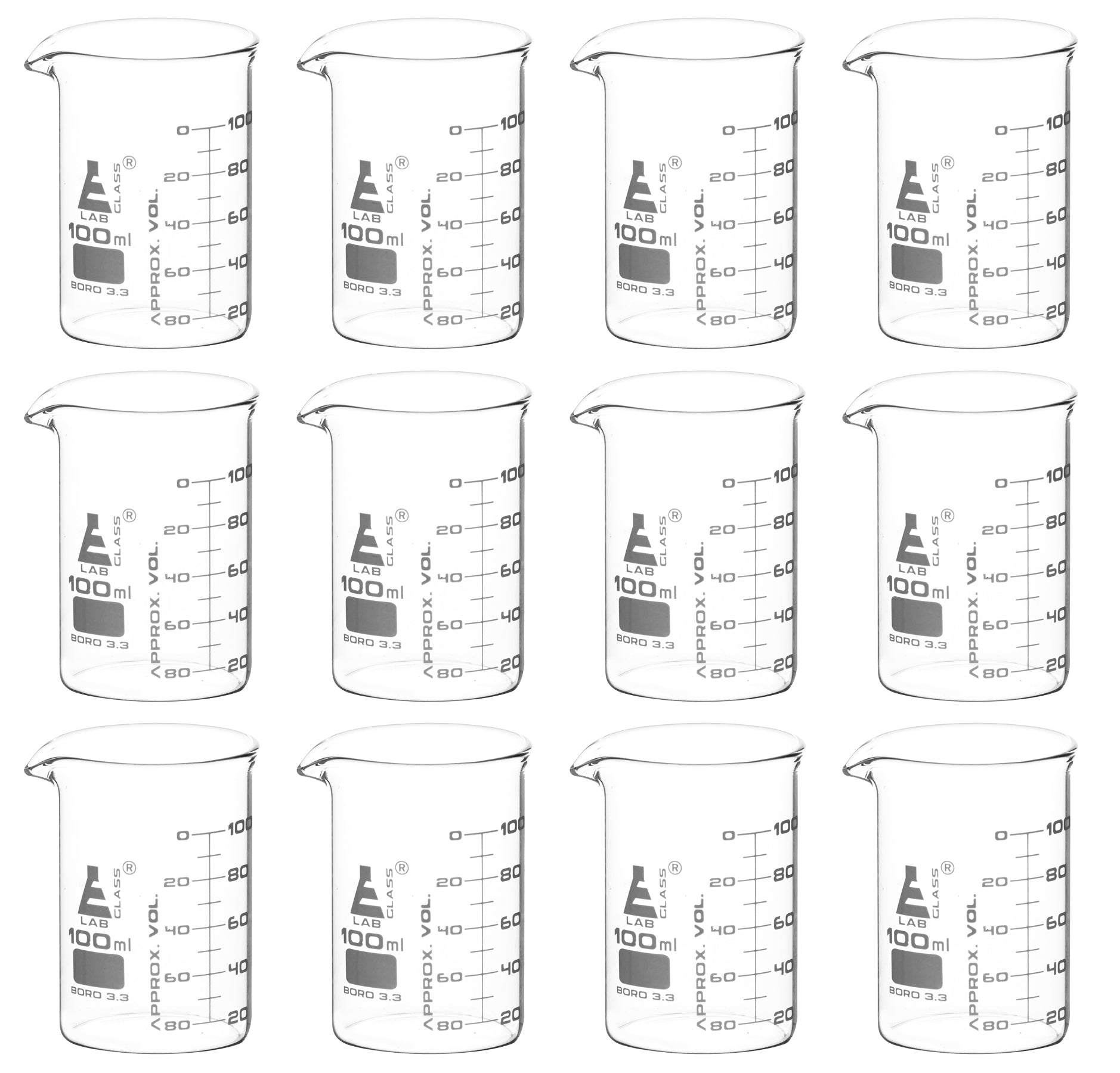 ASTM Low Form Borosilicate Glass Beaker with Dual Scale, 12-Pack