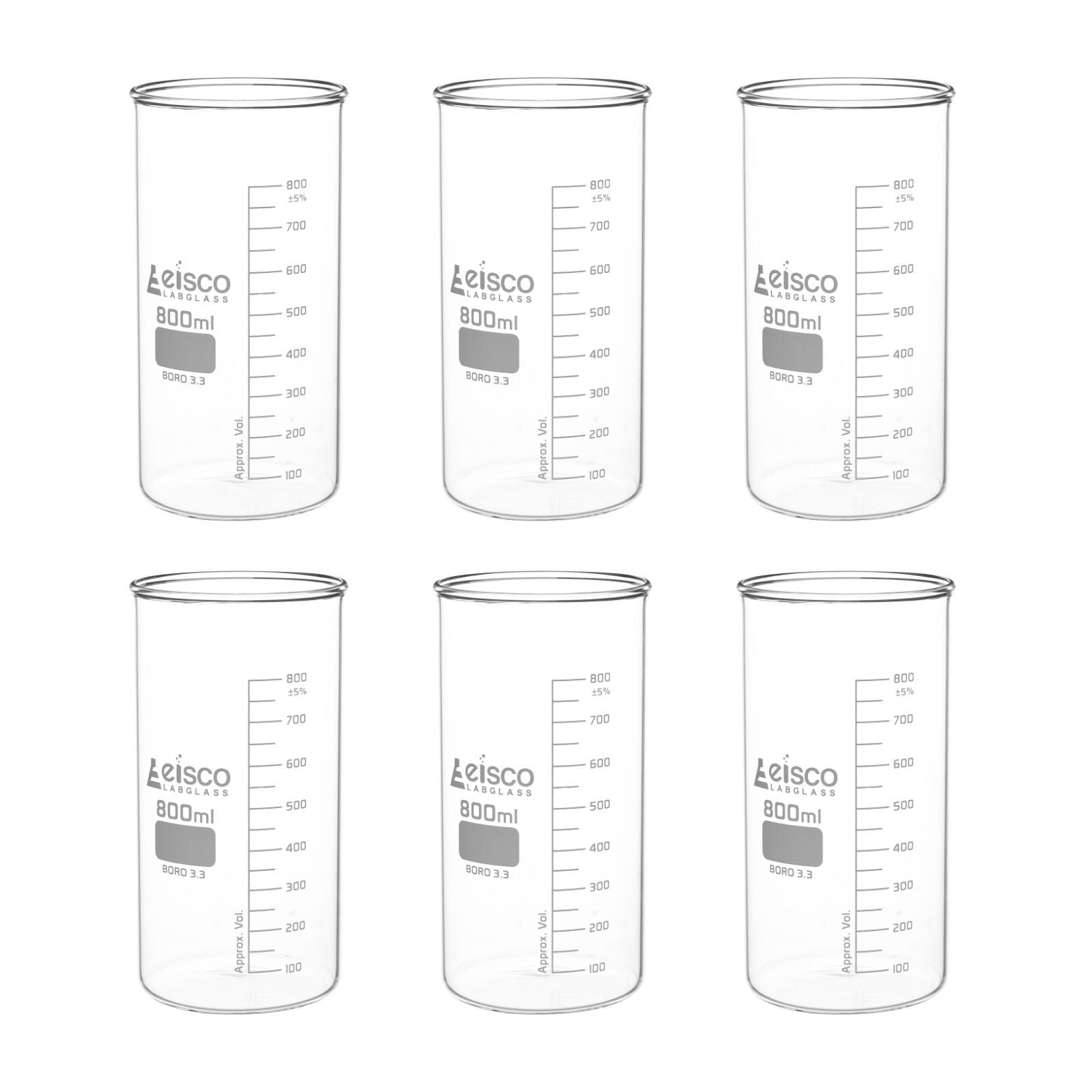 Tall Form Berzelius Borosilicate Glass Beaker, Graduated, 6-Pack