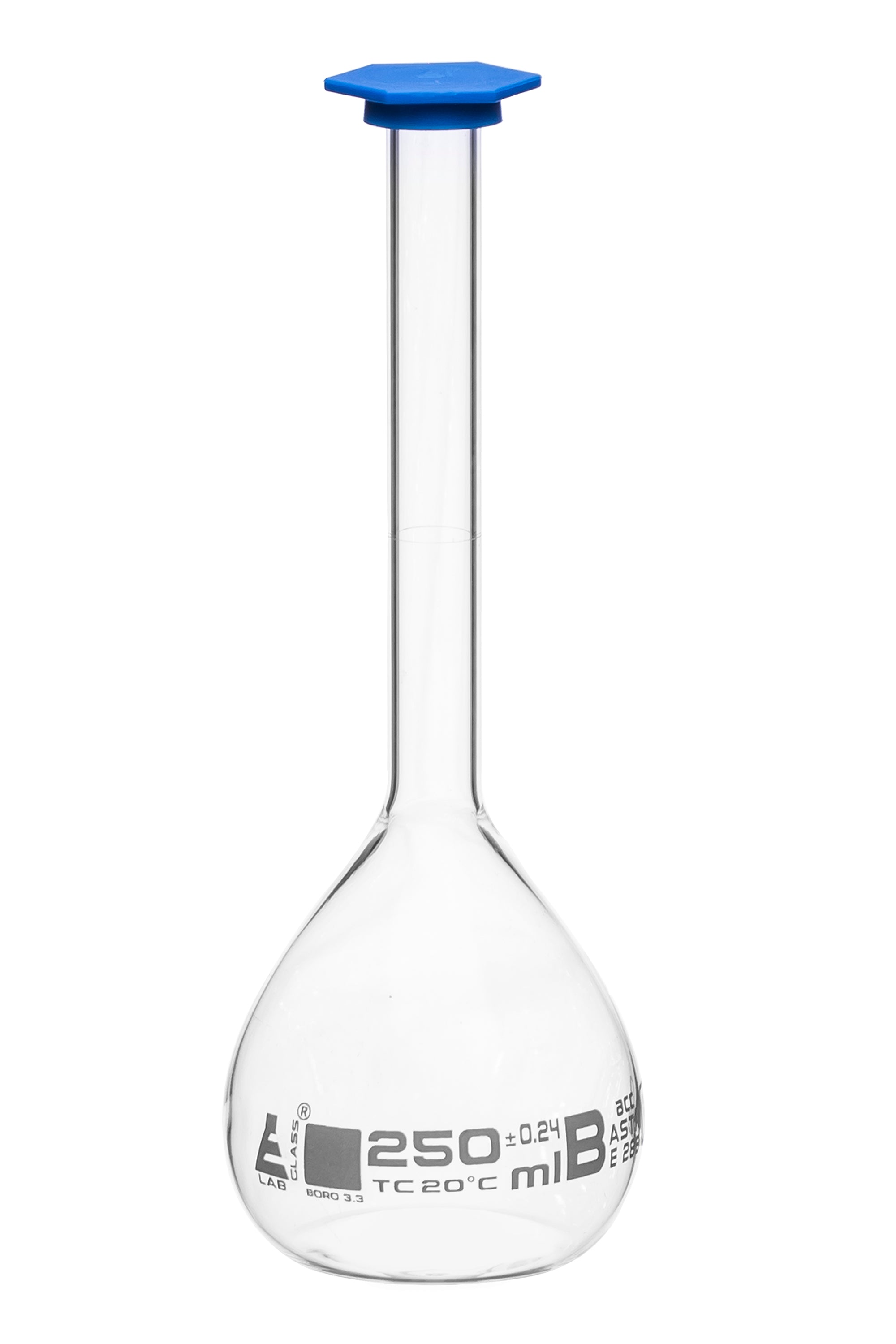 ASTM Class B Borosilicate Glass Volumetric Flask with Snap Cap, White Graduations