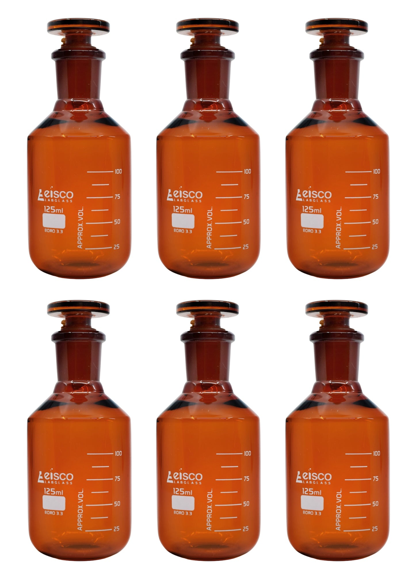 Graduated Narrow Mouth Amber Borosilicate Glass Reagent Bottle with Glass Stopper, 6-Pack