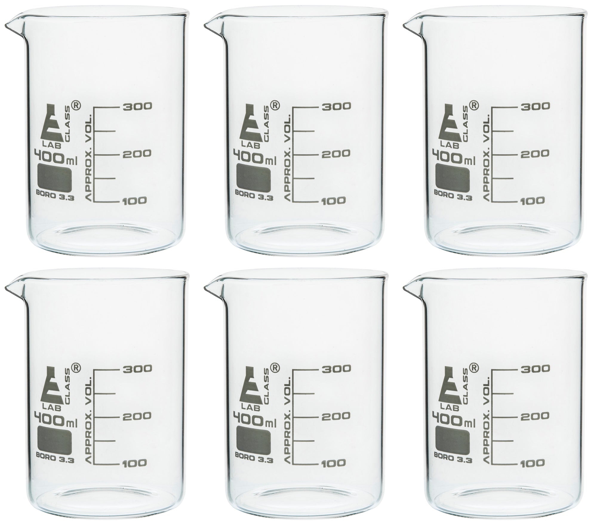 Low Form Borosilicate Glass Beaker with Spout, 400mL, 6-Pack