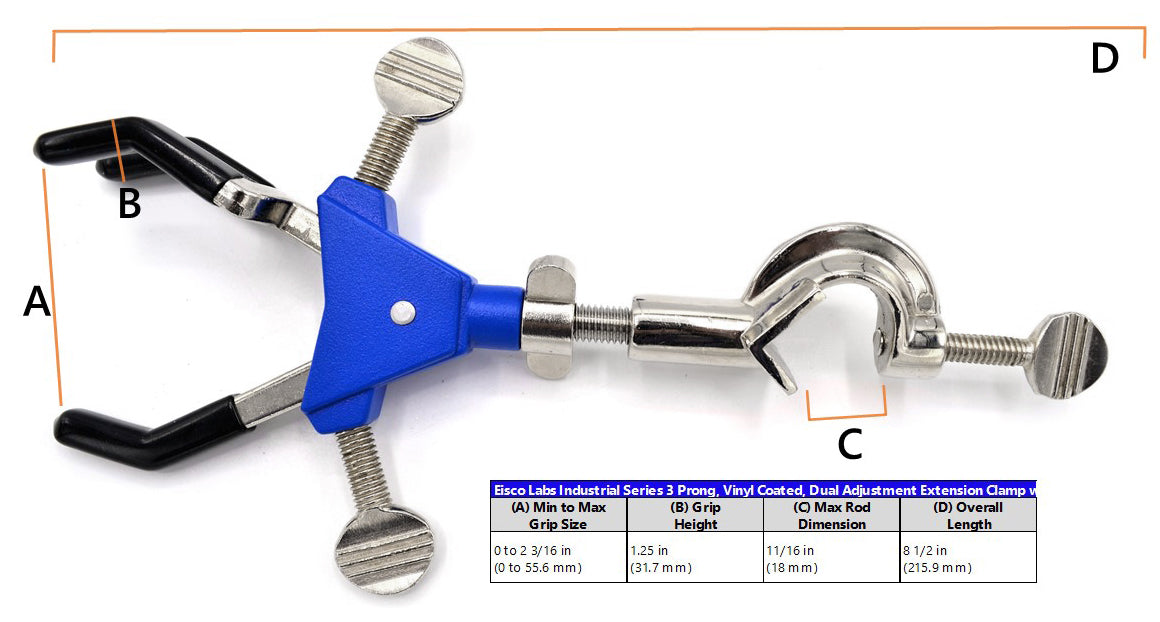 3-Finger Vinyl-Coated Dual-Adjustable Extension Clamp with Swivel Boss Head, 2.3" Max