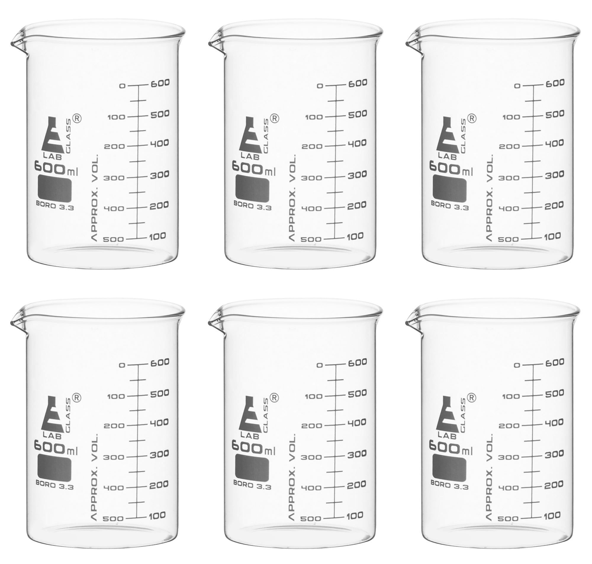 ASTM Low Form Borosilicate Glass Beaker with Dual Scale, 6-Pack