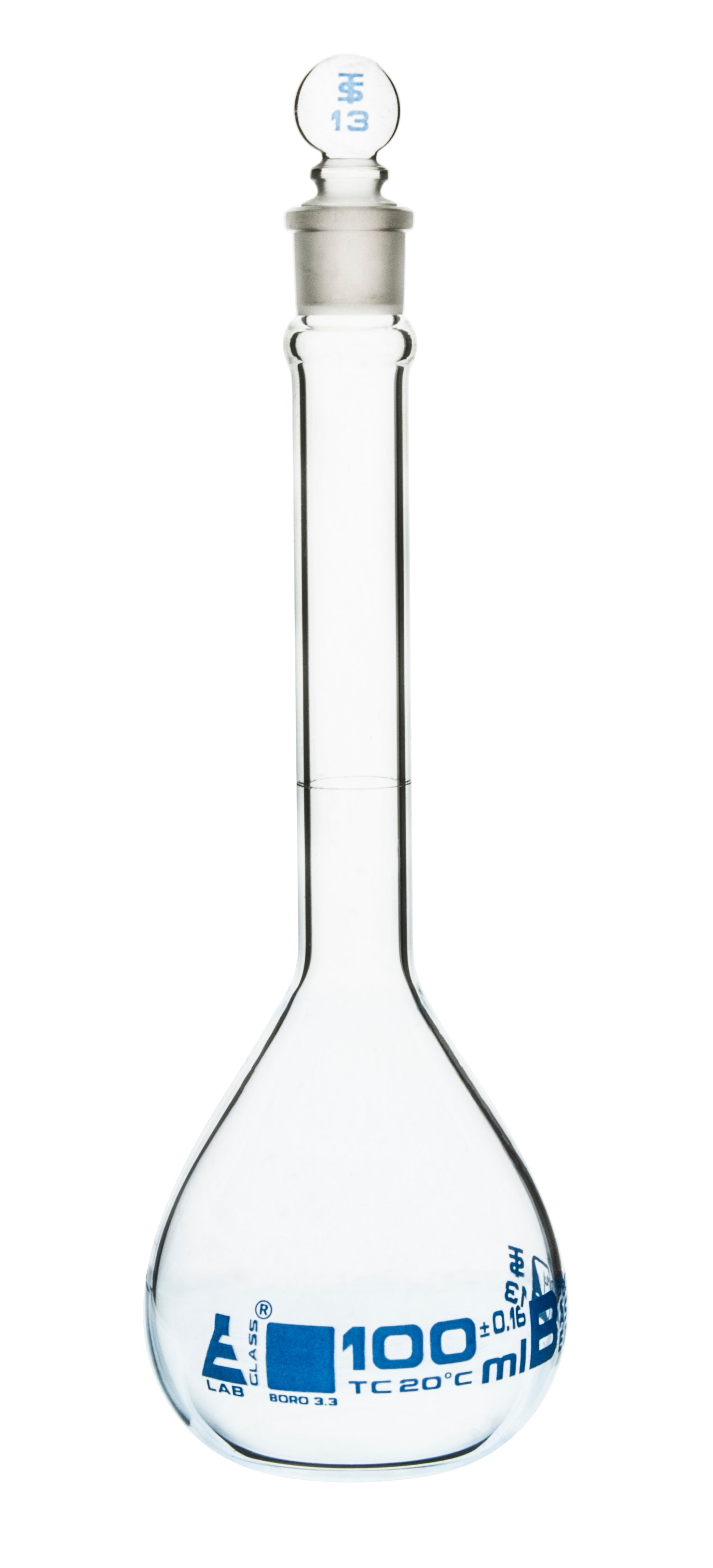 ASTM Class B Borosilicate Glass Volumetric Flask with Glass Stopper, Blue Graduations