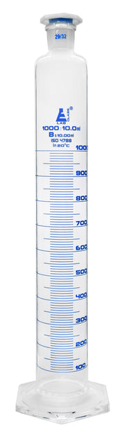 Graduated Cylinder, 1000mL - Class B - 29/32 Polypropylene Stopper - Round Base - Blue Graduations - Borosilicate Glass