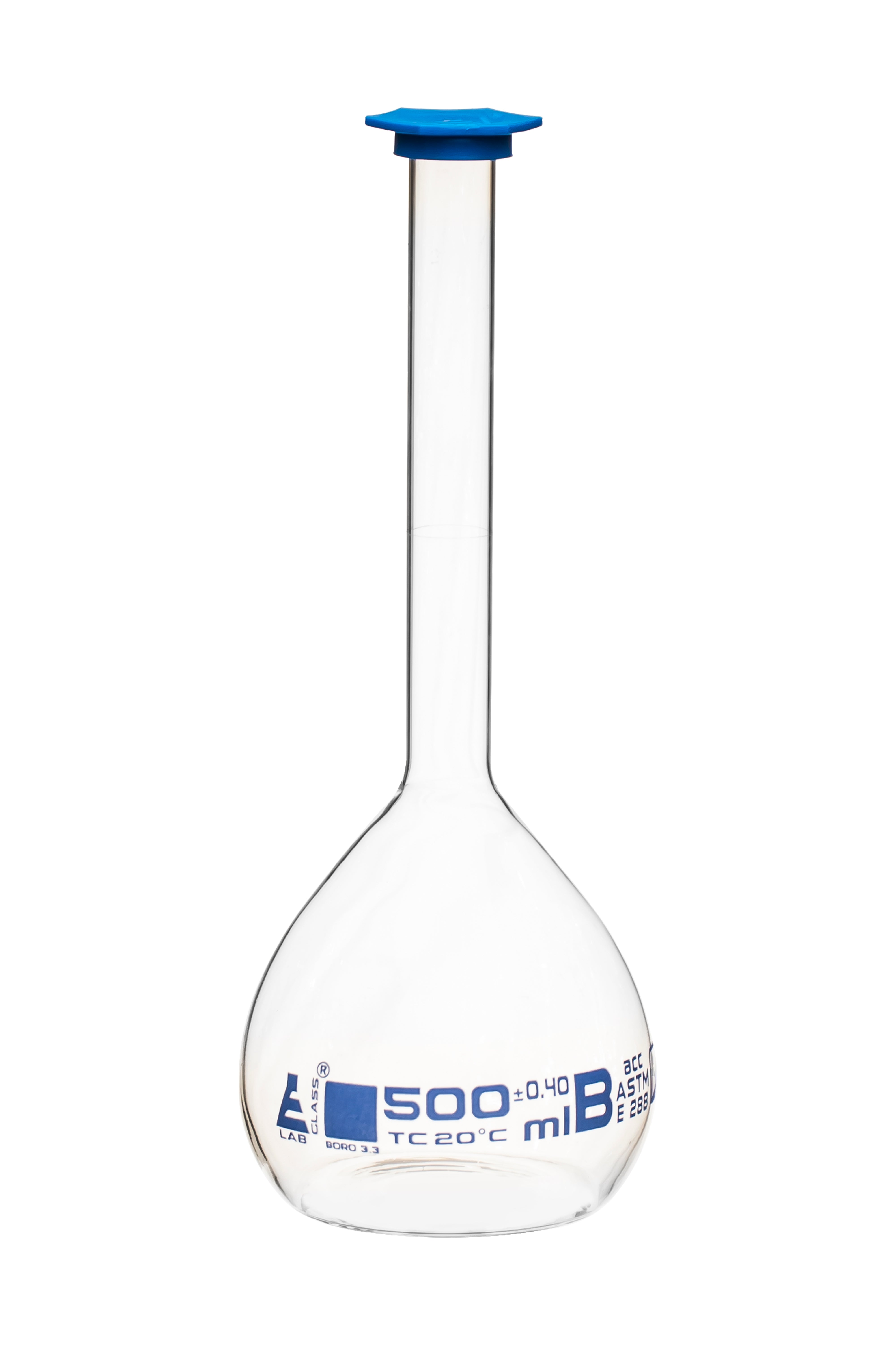 ASTM Class B Borosilicate Glass Volumetric Flask with Snap Cap, Blue Graduations