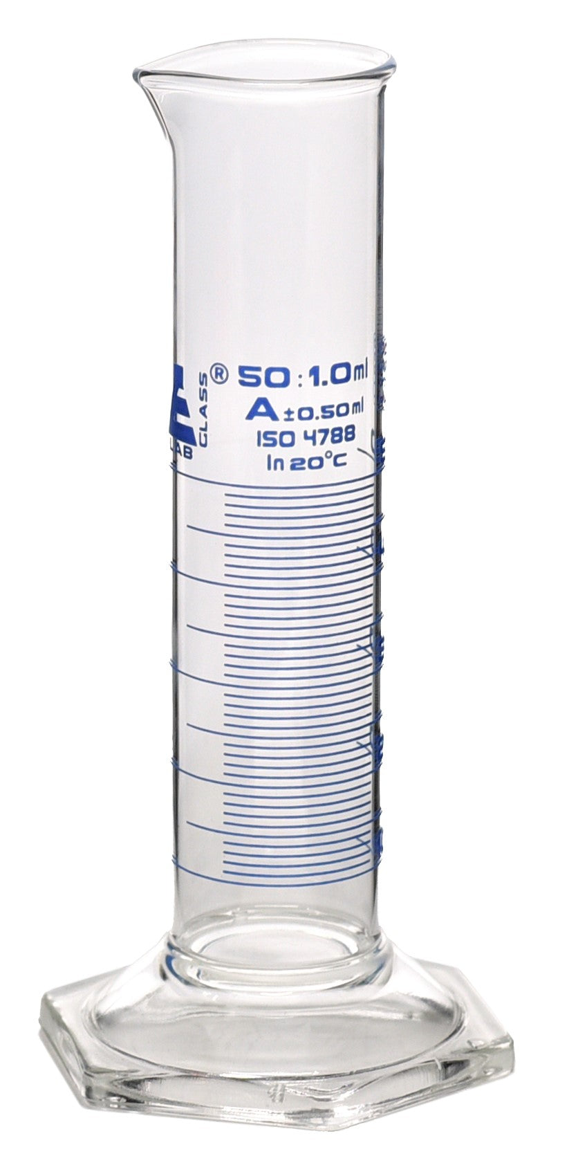 Class A Squat Form Borosilicate Glass Graduated Cylinder with Blue Graduations