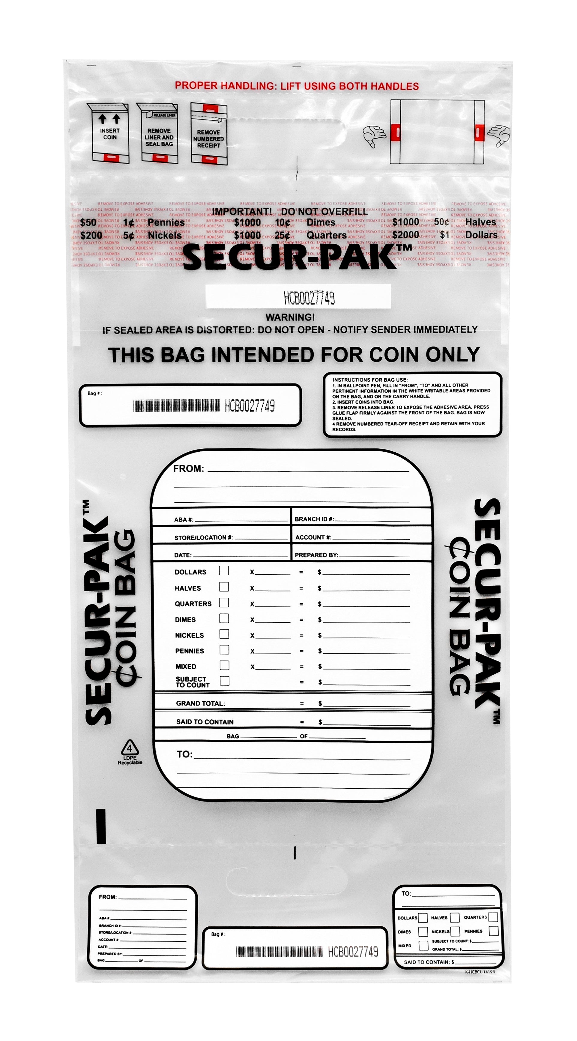 Premium Two-Handled Coin Bags, 12 x 19", 100-Pack