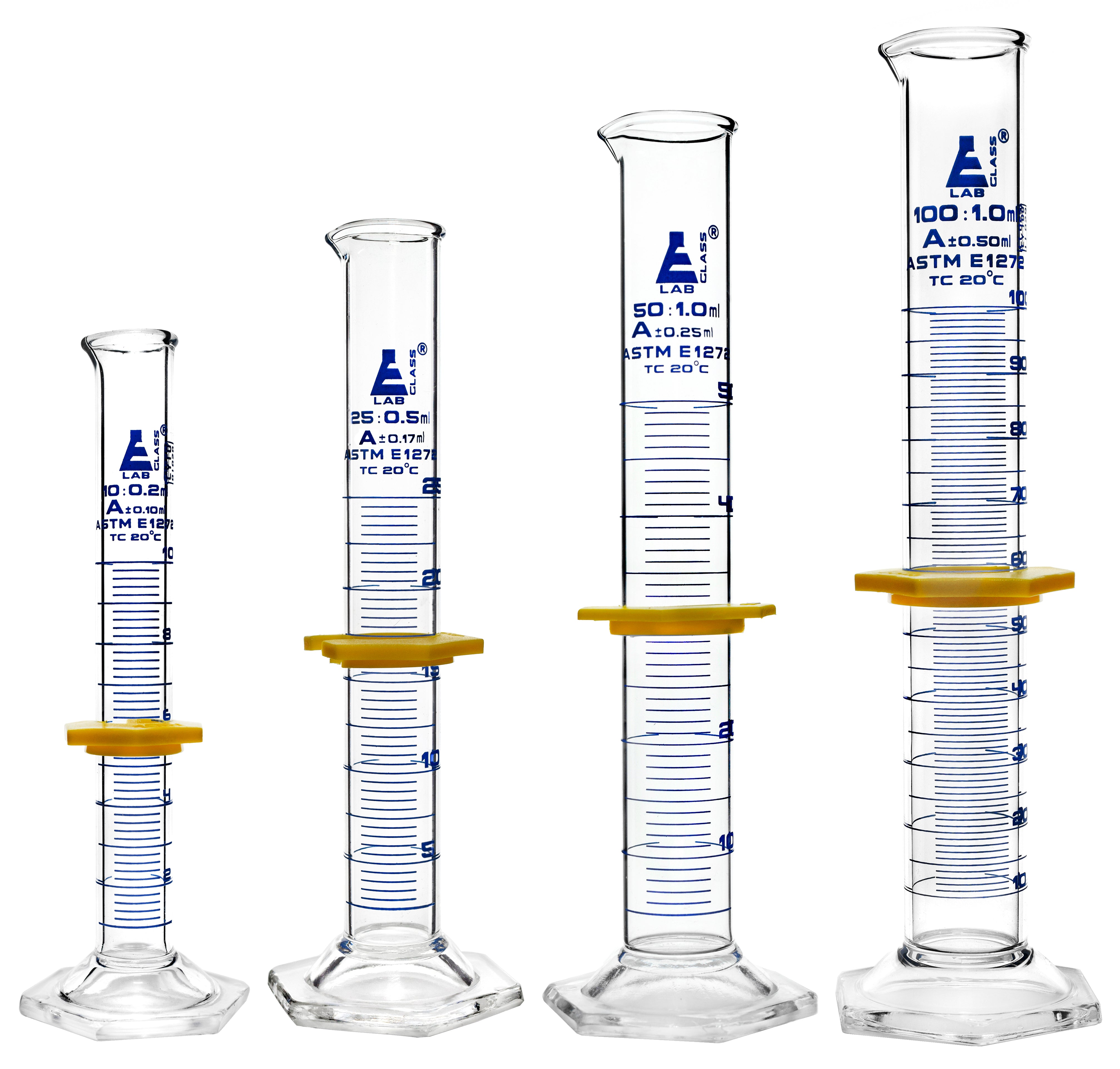 ASTM Class A 4-Piece Graduated Cylinder Set with Protective Collars and Hexagonal Base, 10-100mL, Borosilicate 3.3 Glass