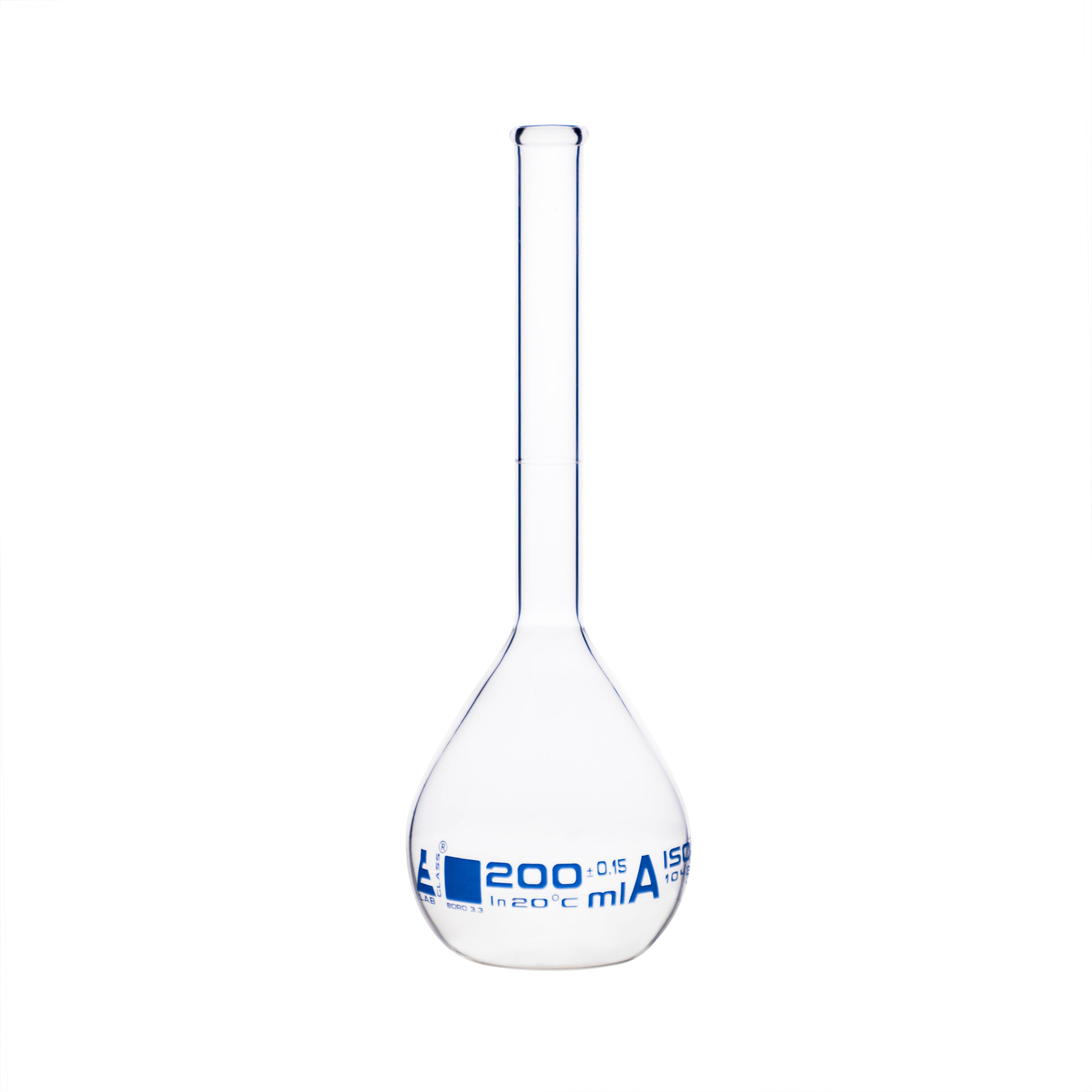 Class A Borosilicate Glass Volumetric Flask with Beaded Rim, Blue Graduations