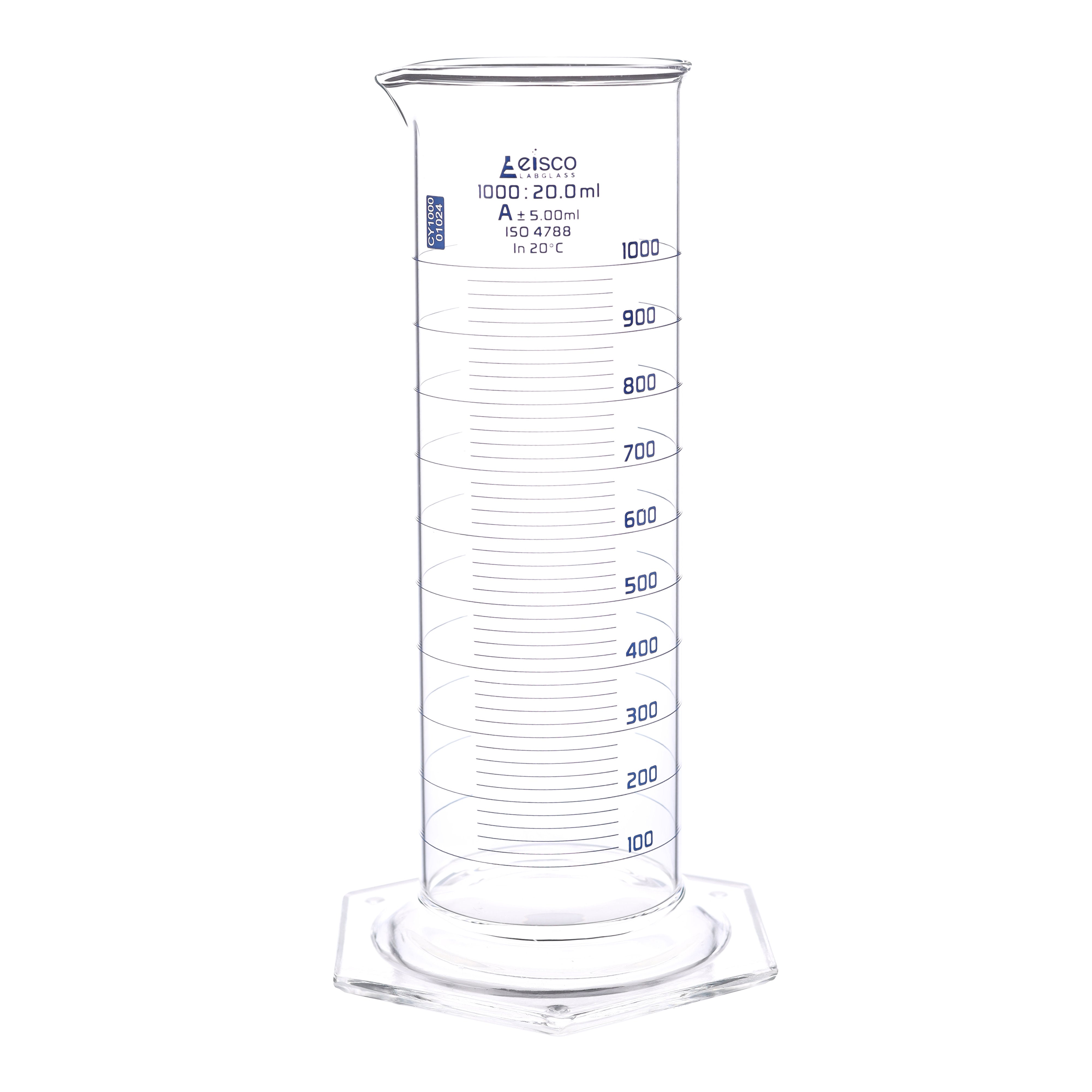 Class A Squat Form Graduated Cylinder, 1000mL, ISO 4788 Certified, Borosilicate Glass