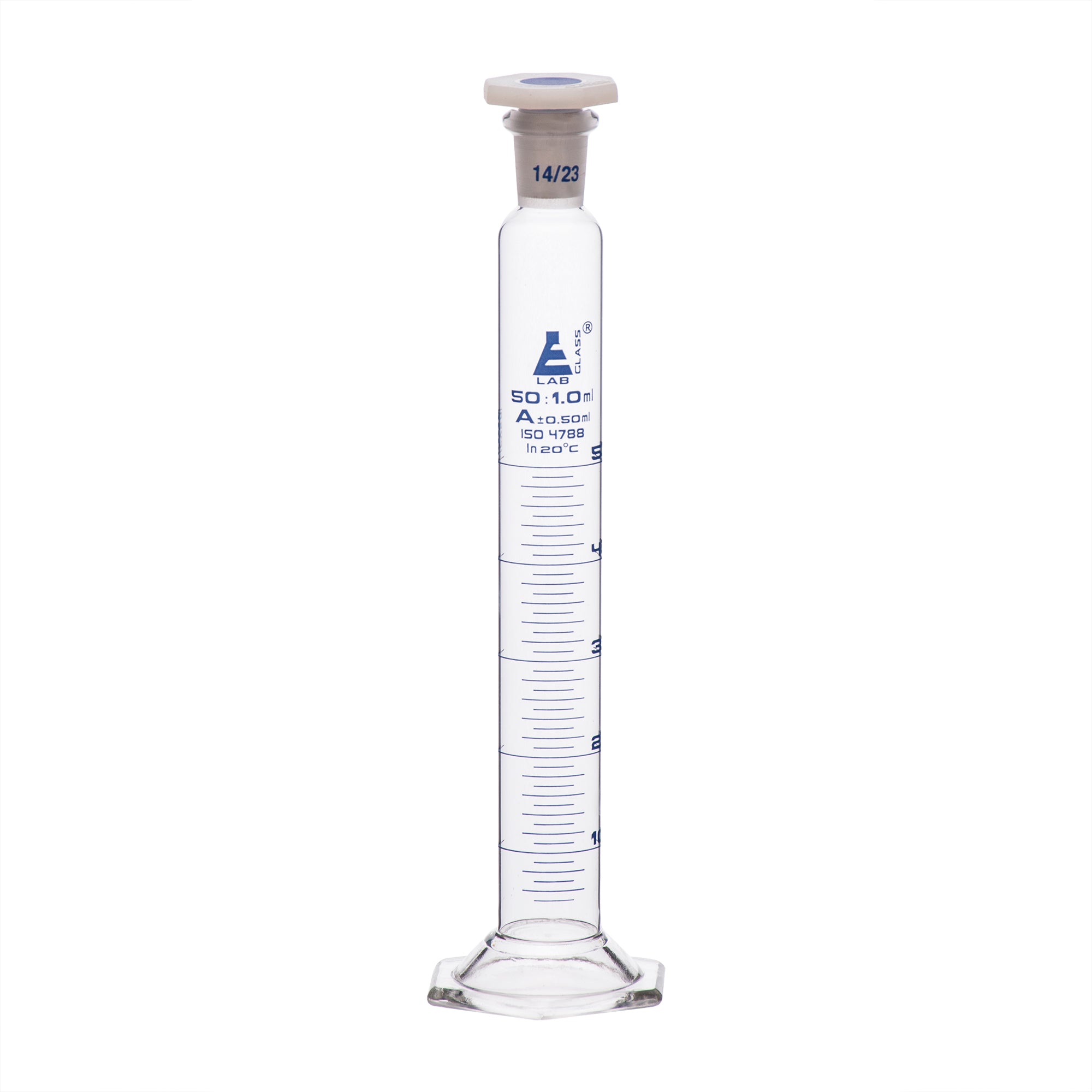 Class A Borosilicate Glass Graduated Cylinder with Polypropylene Stopper, Blue Graduations