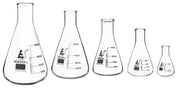5-Piece Narrow Neck Erlenmeyer Flask Set, 50/150/250/500/1000mL, White Graduations, Borosilicate Glass
