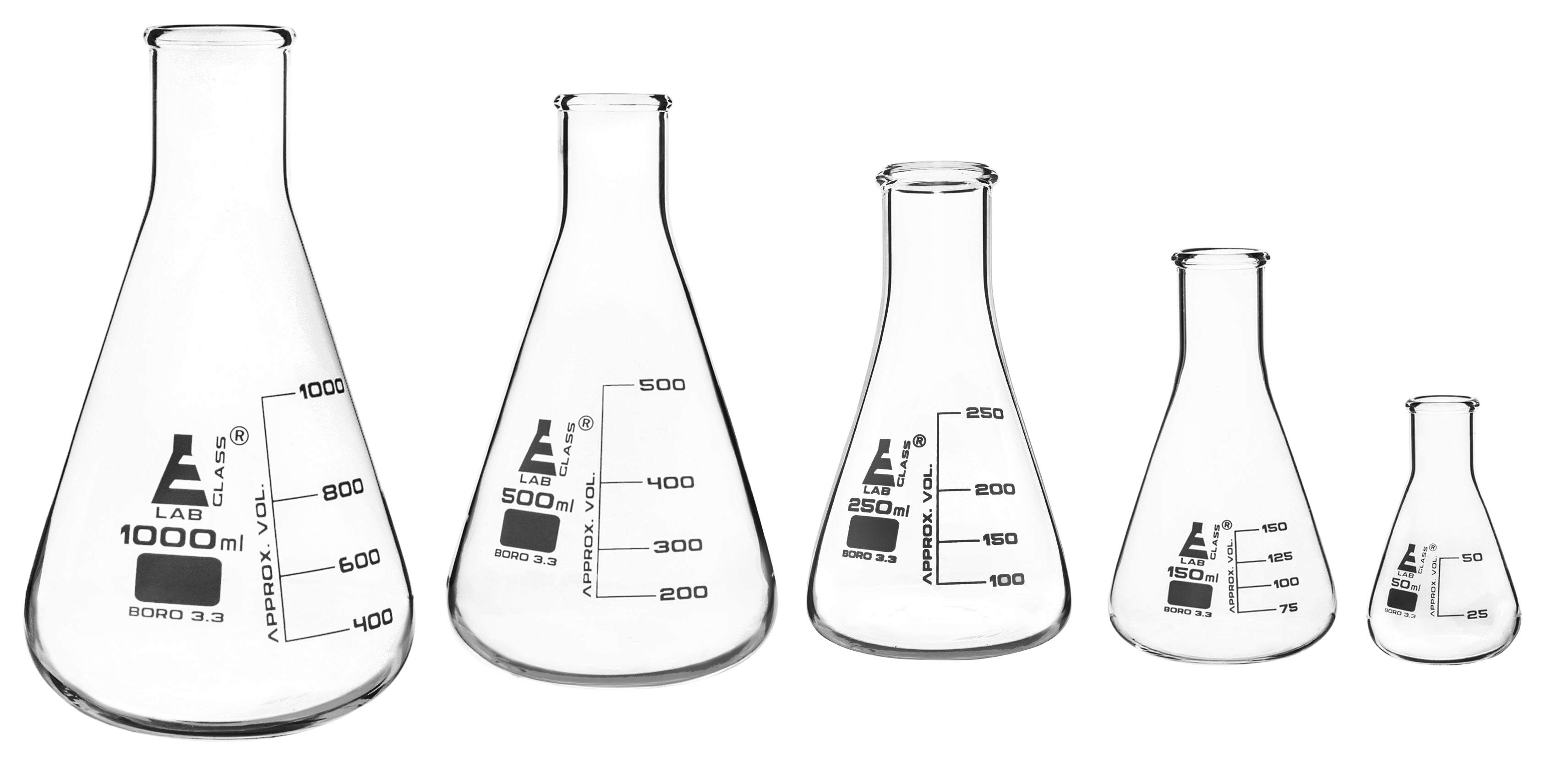 5-Piece Narrow Neck Erlenmeyer Flask Set, 50/150/250/500/1000mL, White Graduations, Borosilicate Glass