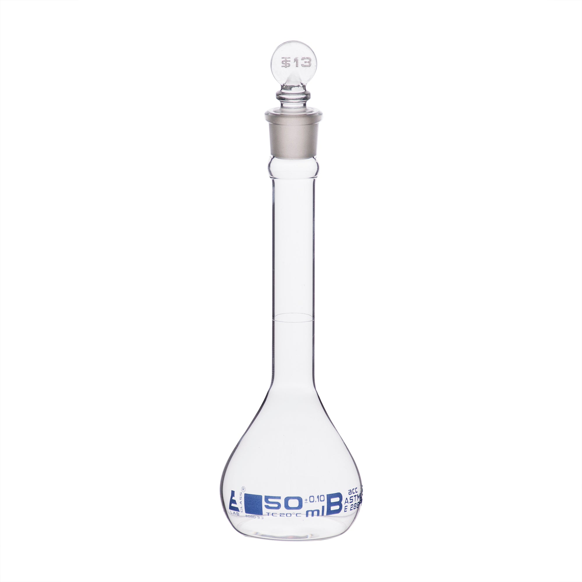 ASTM Class B Borosilicate Glass Volumetric Flask with Glass Stopper, Blue Graduations