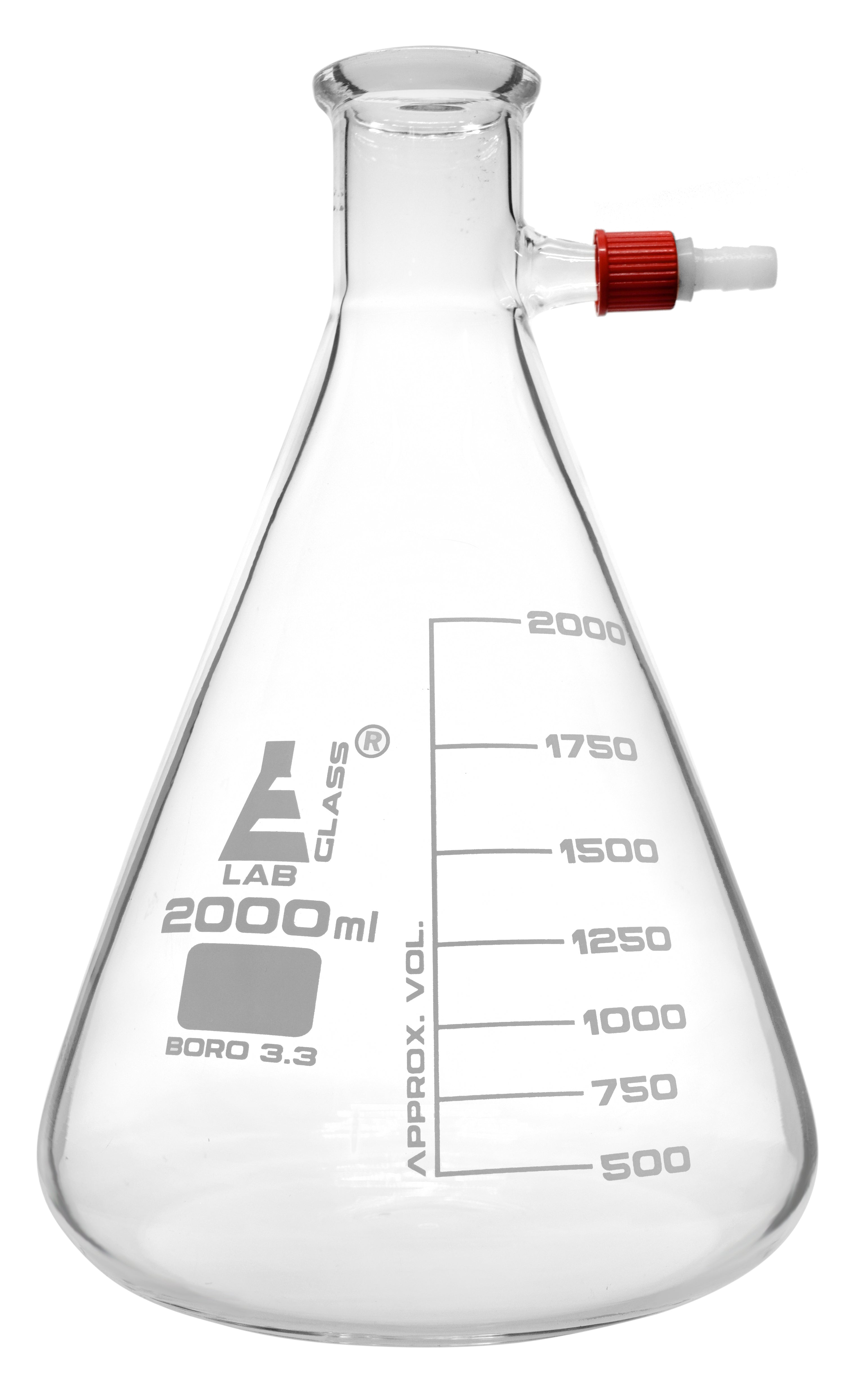 Conical Filtering Flask with Integral Plastic Side Arm, 2000mL, White Graduations, Borosilicate Glass