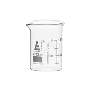 ASTM Low Form Beaker with Spout, 20mL, Dual-Scale White Graduations, Borosilicate Glass