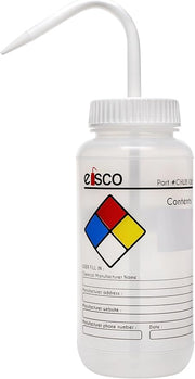 Self-Venting Wide Mouth LDPE Chemical Wash Bottle with Blank Labels and NFPA Hazard Diamond, 500mL
