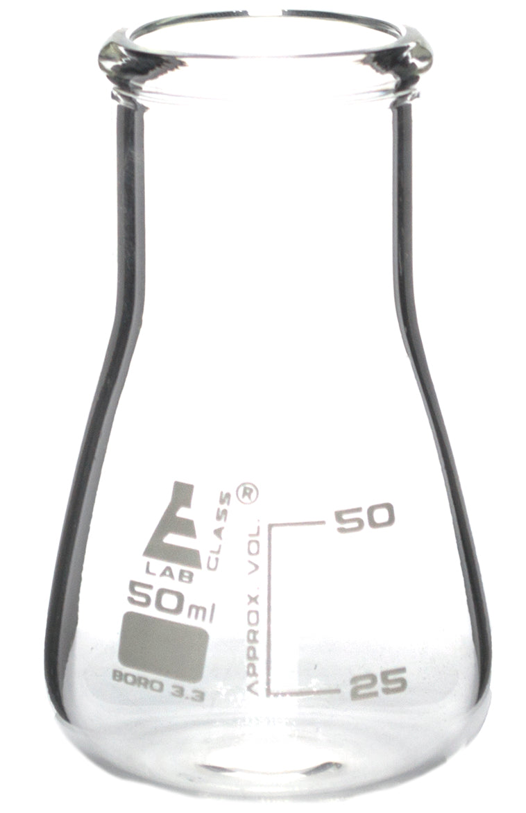 Wide Neck Borosilicate Glass Erlenmeyer Flask with White Graduations