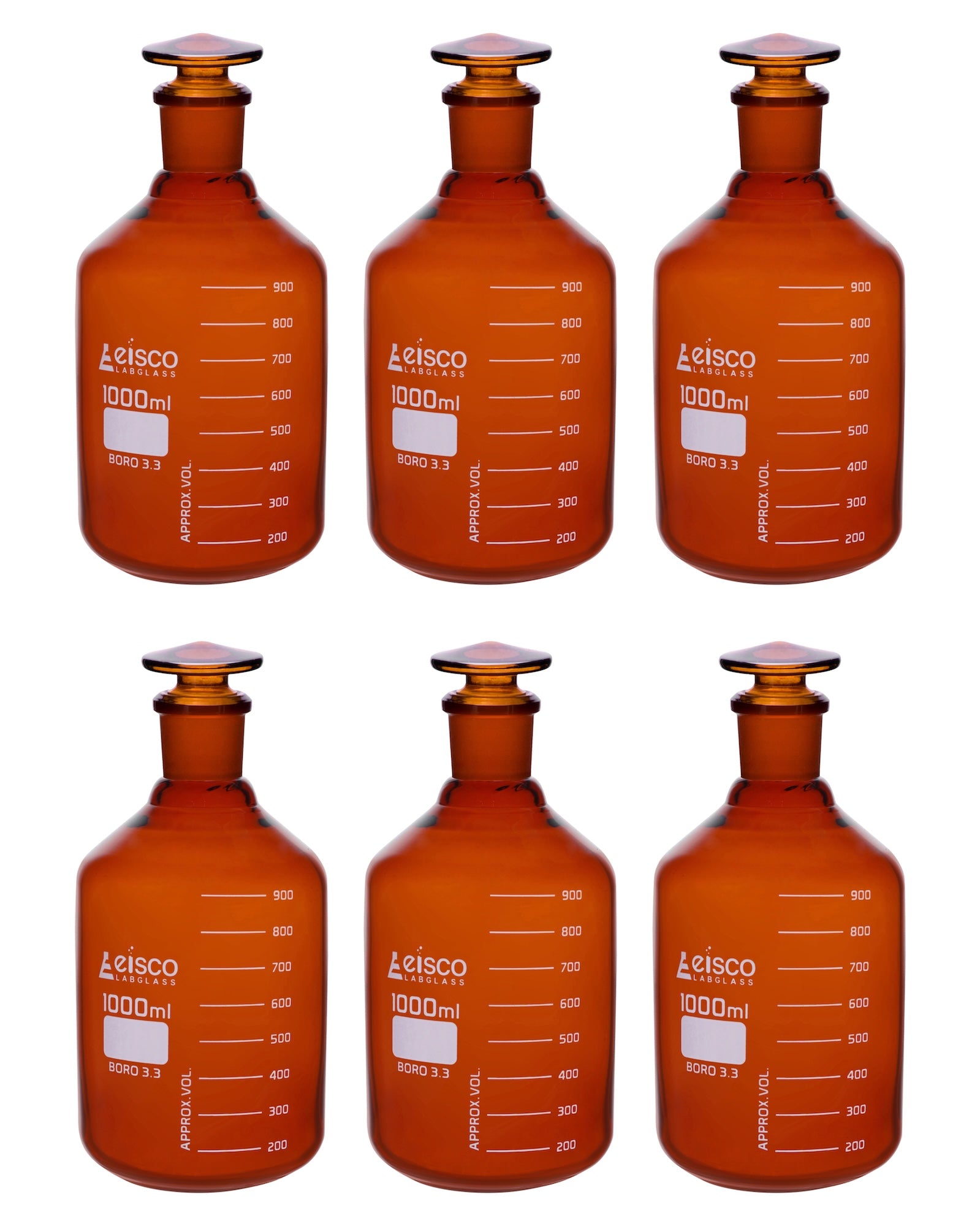 Graduated Narrow Mouth Amber Borosilicate Glass Reagent Bottle with Glass Stopper, 6-Pack