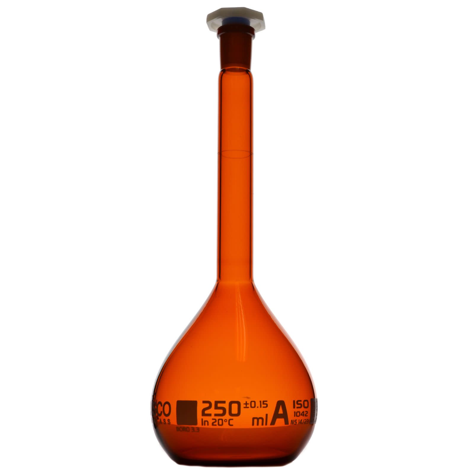 Class A Amber Borosilicate Glass Volumetric Flask with Polyethylene Stopper, QR Certificate