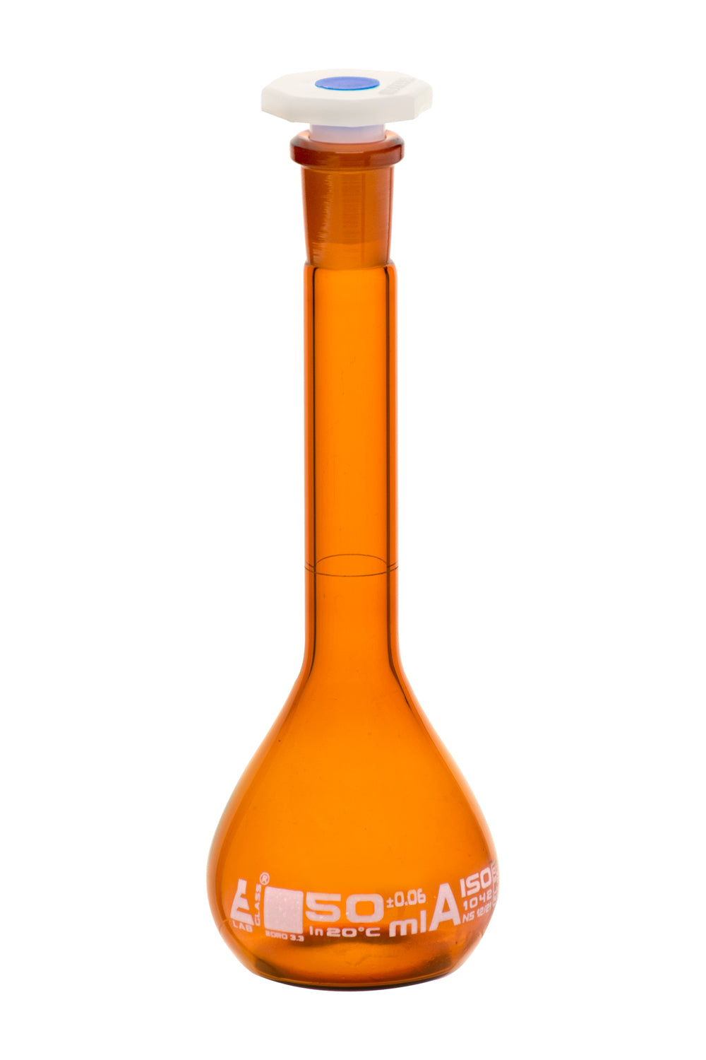 Class A Amber Borosilicate Glass Volumetric Flask with Polypropylene Stopper, White Graduations