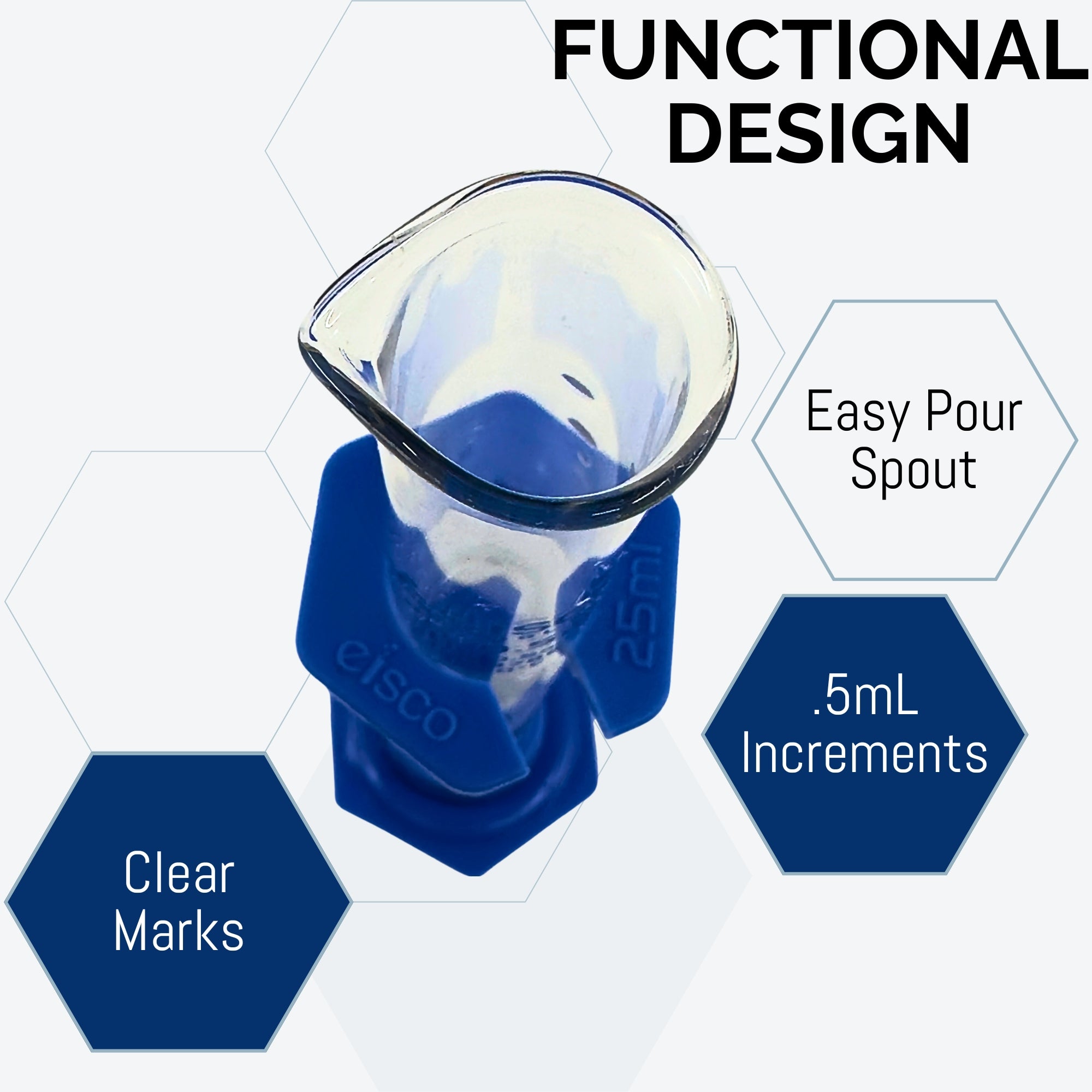 Class B Graduated Cylinder with Spout, Hexagonal Base, and Protective Collar, 25mL, Borosilicate Glass