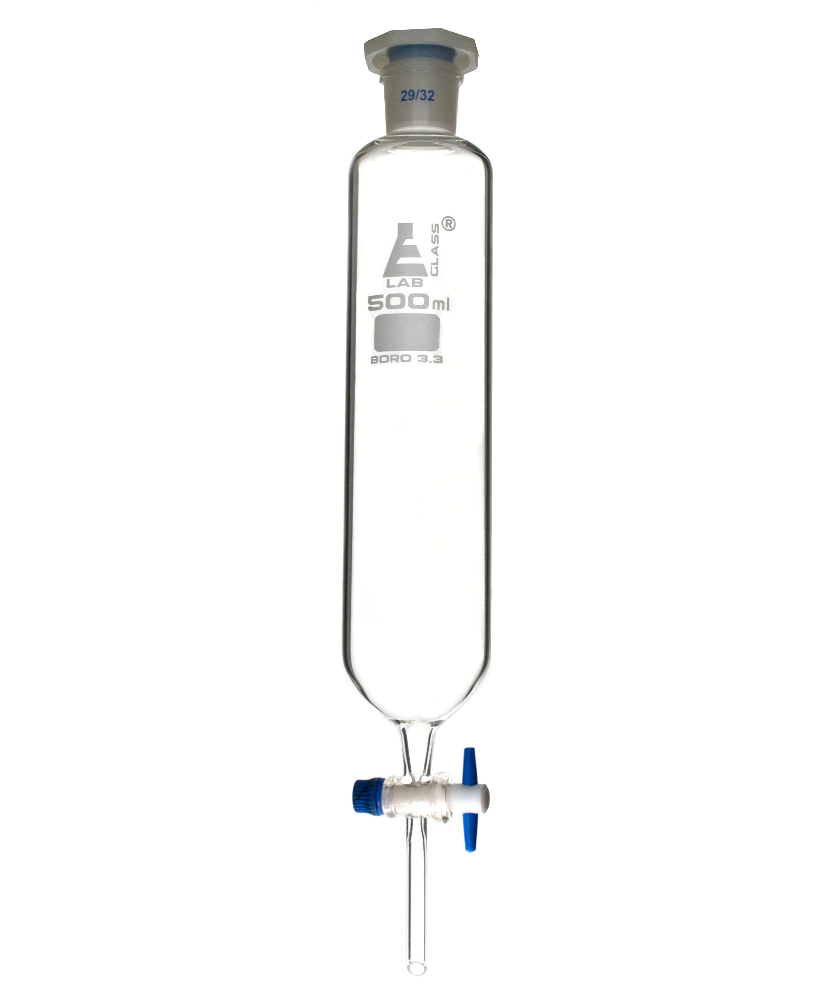 Cylindrical Dropping Funnel with PTFE Stopcock and 29/32 Plastic Stopper, 500mL, Ungraduated, Borosilicate Glass