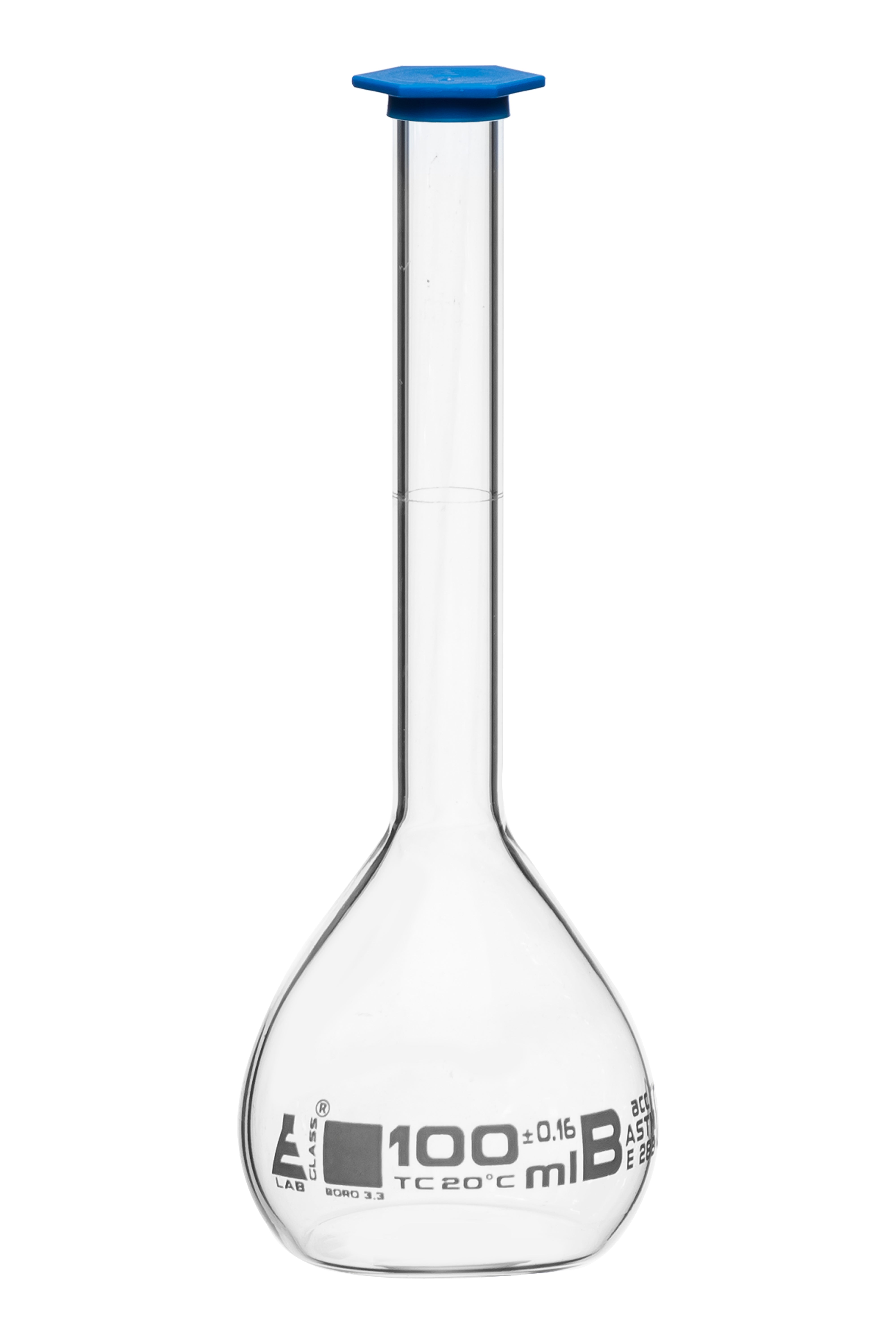 ASTM Class B Borosilicate Glass Volumetric Flask with Snap Cap, White Graduations